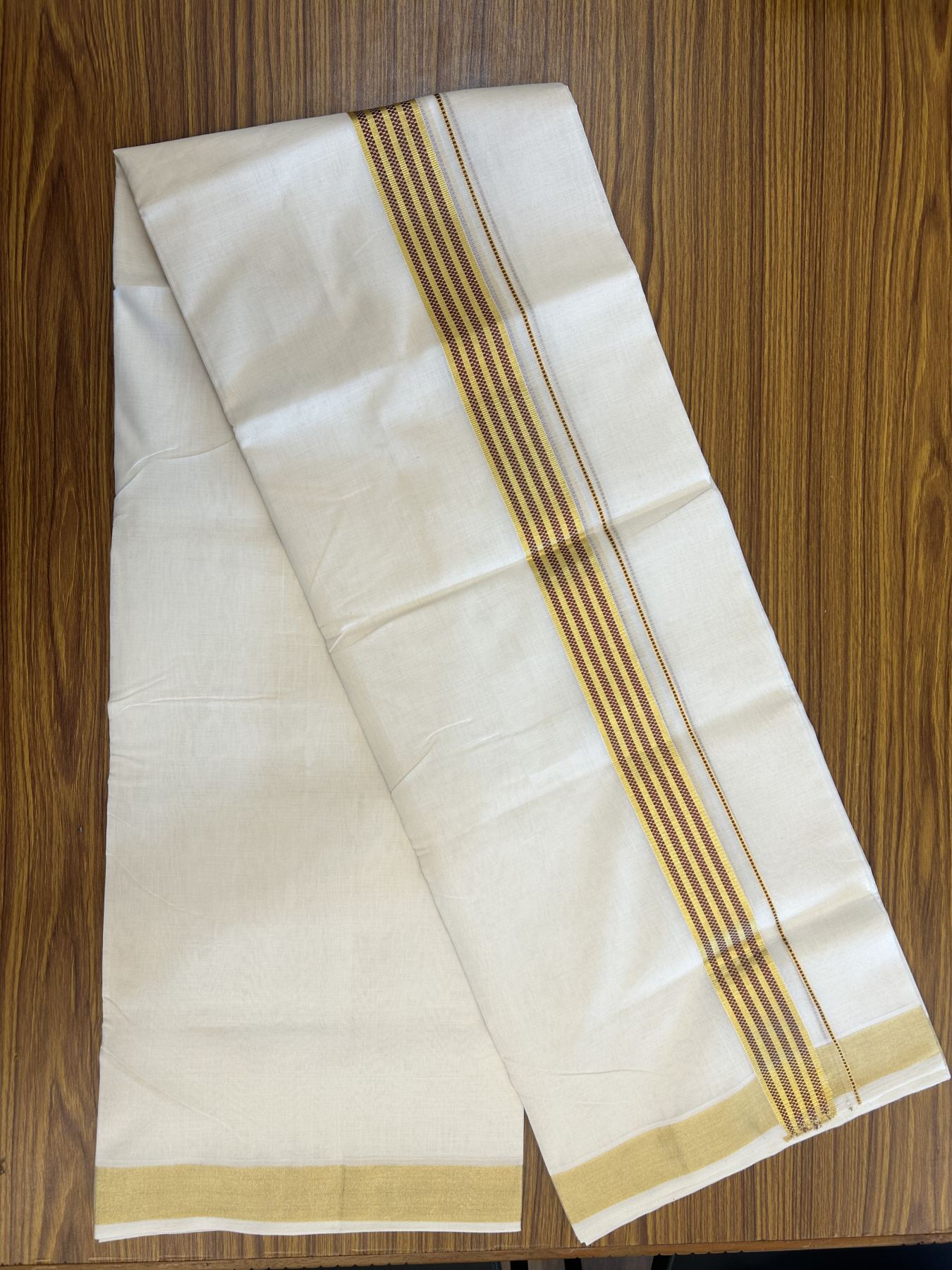 25% Discount ! KaithariKada Handloom Unakkupaav  Kerala Handloom - Pure Cotton Off White - (Unbleached) Double Mundu/Dhoti - (100X80) - 1.5 inch Gold Kasav & Maroon Jacquard Design Kara - 4 mtr (8.5 Muzham)- 20 KK5342 ABH