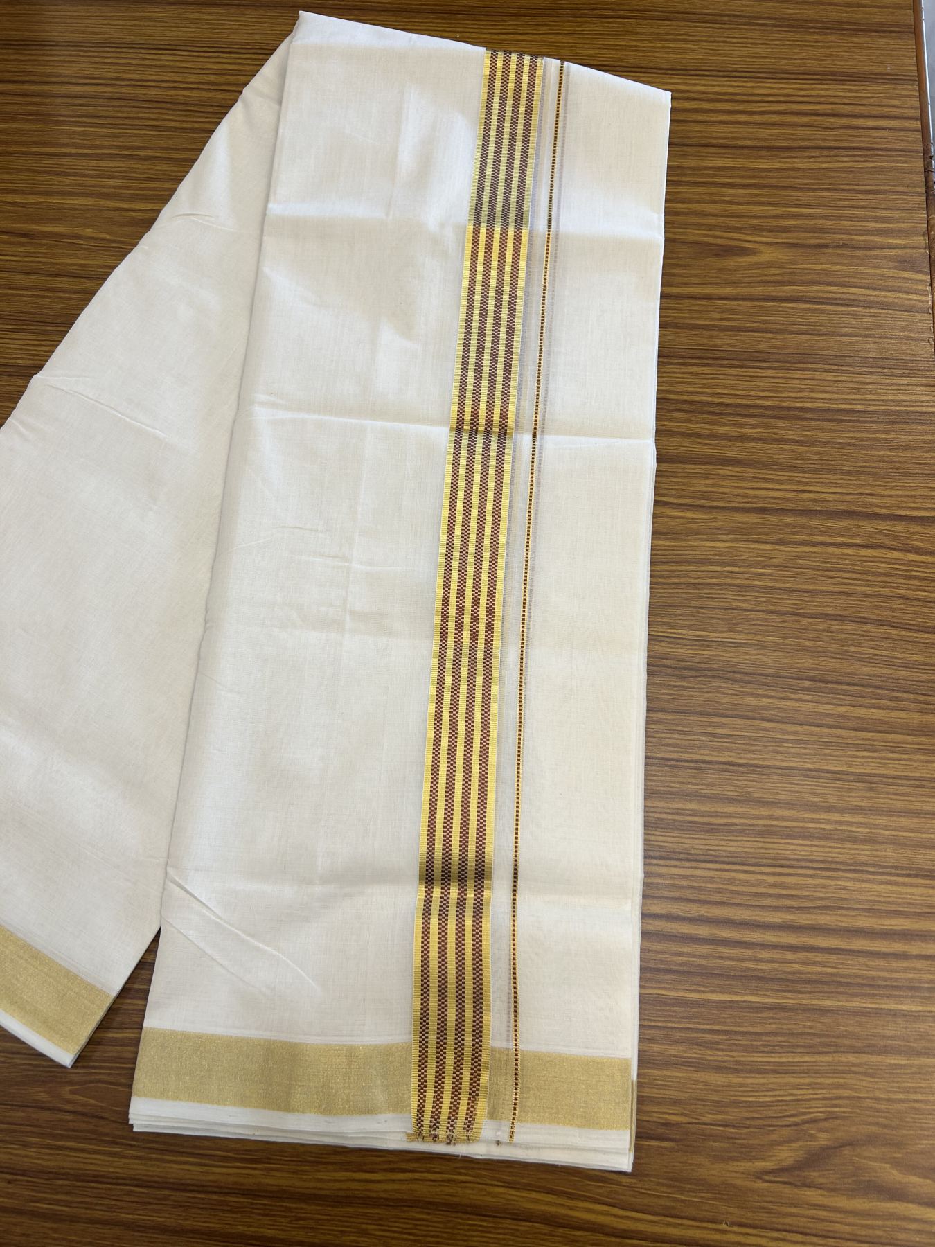 25% Discount ! KaithariKada Handloom Unakkupaav  Kerala Handloom - Pure Cotton Off White - (Unbleached) Double Mundu/Dhoti - (100X80) - 1.5 inch Gold Kasav & Maroon Jacquard Design Kara - 4 mtr (8.5 Muzham)- 20 KK5342 ABH