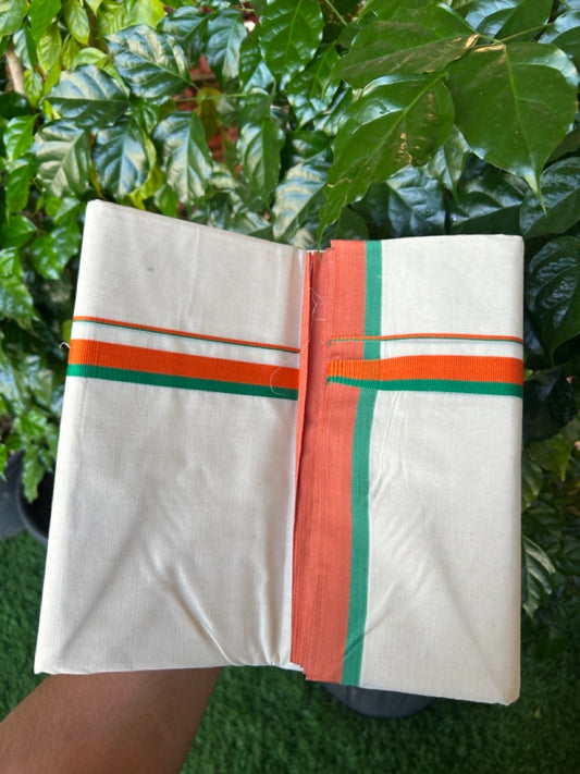 BJP VESHTI - 20% DISCOUNT! KaithariKada 100% Cotton off white Double - (Unbleached) Mundu/Dhoti - 100X80 - 0.75 inch Orange & Green Kara - 3.80 mtr ( 8 muzham)- 11KK5228 ASH