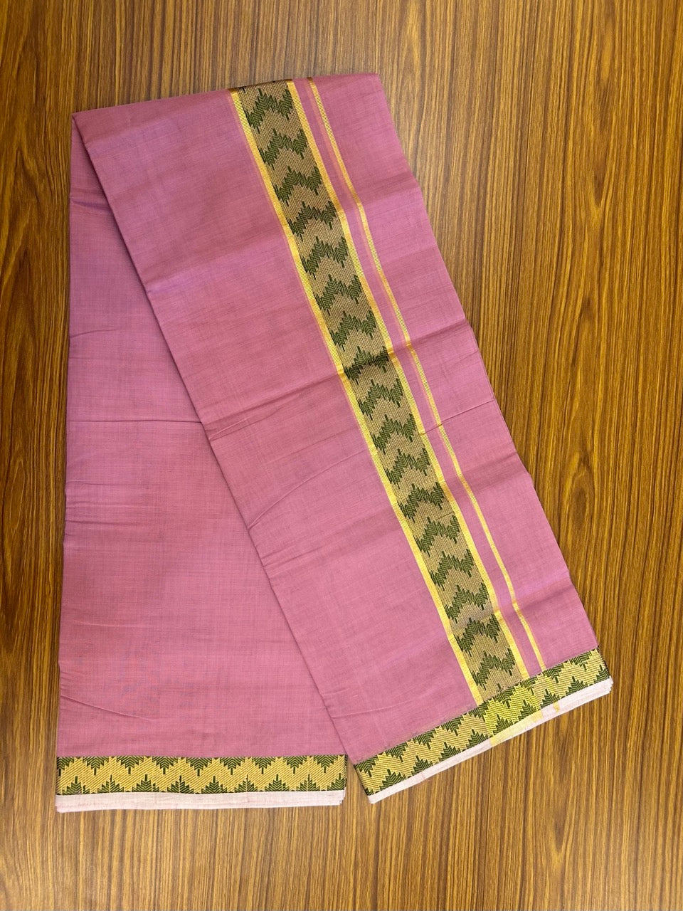 25% Discount! KaithariKada Handloom Unakkupaav Balaramapuram - 100% Cotton Double Mundu/Dhoti - Dark Onion Pink Colour Body - 2.25 inch Gold Kasav & Green Jacquard Design Kara - 6 KK5267 ABH