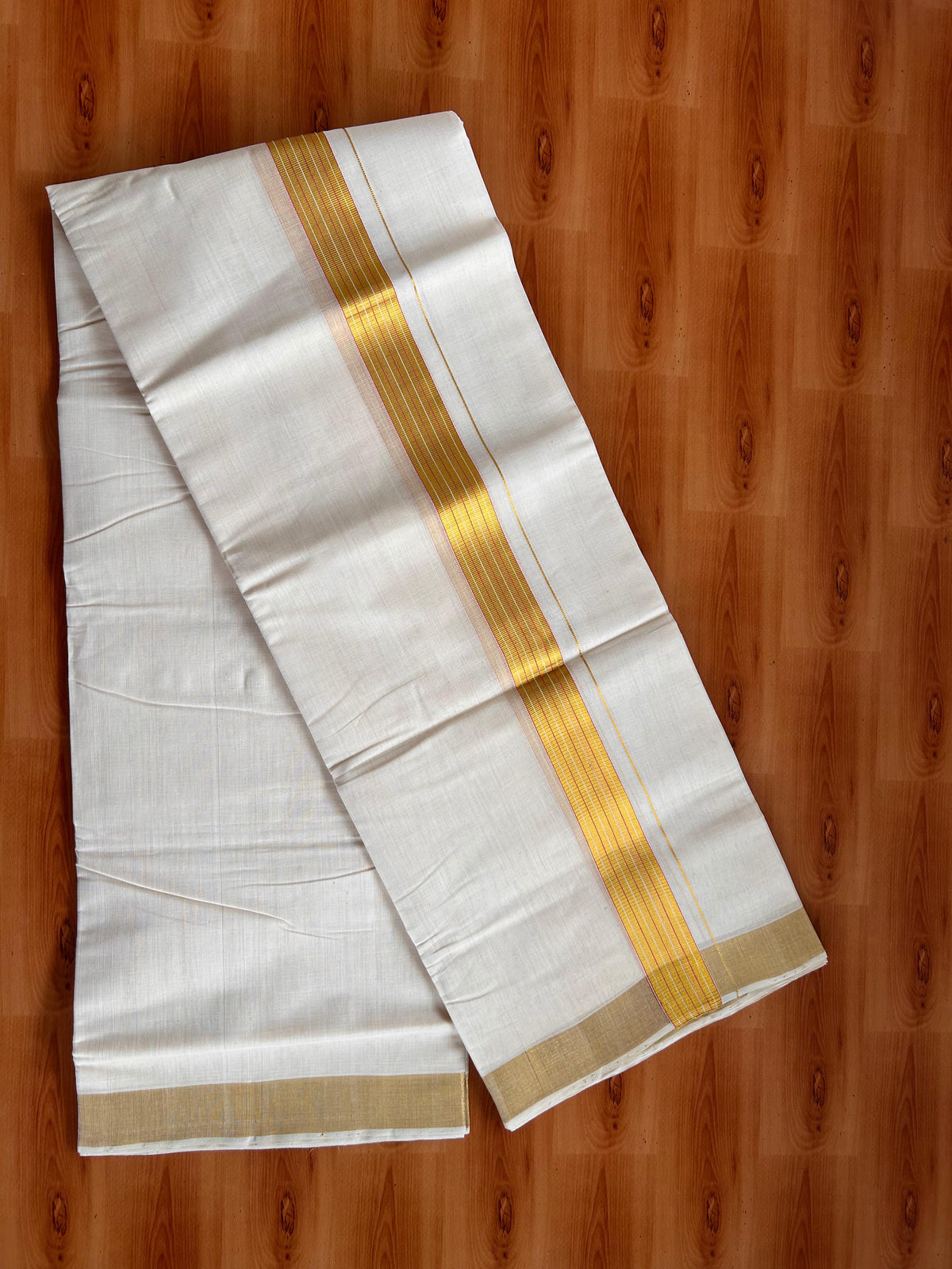 25% Discount KaithariKada Handloom Unakkupaav - Kerala Handloom - 100% Pure Cotton off white (Unbleached) Double Mundu/Dhoti - (80X90) - 1.25 inch Gold Kasav & Pink Striped Kara 3.75 mtr (8 muzham) - 3 KK5524 ELA