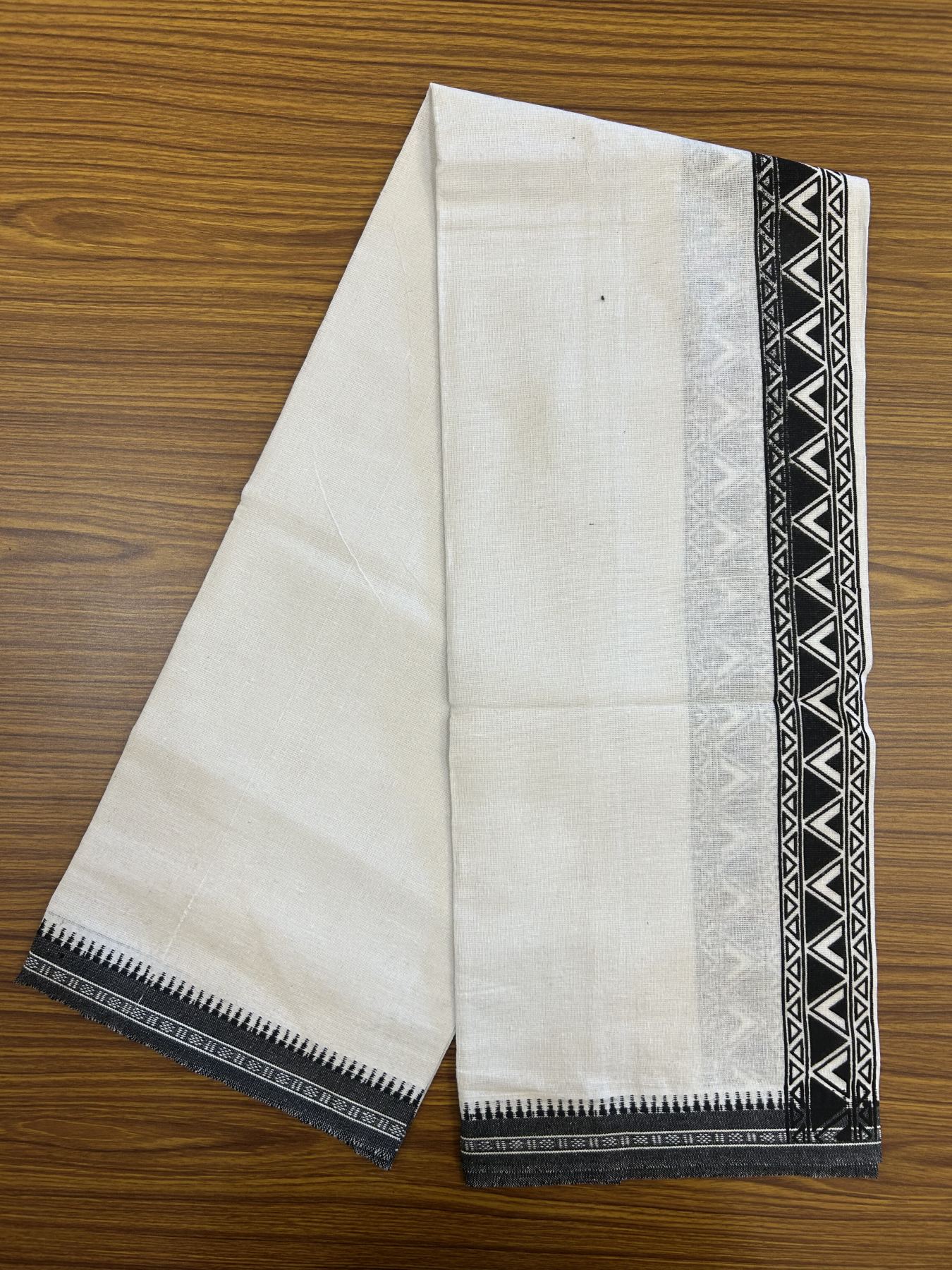 Kaitharikada - Polyster + Cotton - 40s twisted - Pure white Single Kaily / Lungi - 2 inch Black  Printed Kuppadam Border with White colour body (2 meter / 4 muzham) -  8 KK8041 GAN