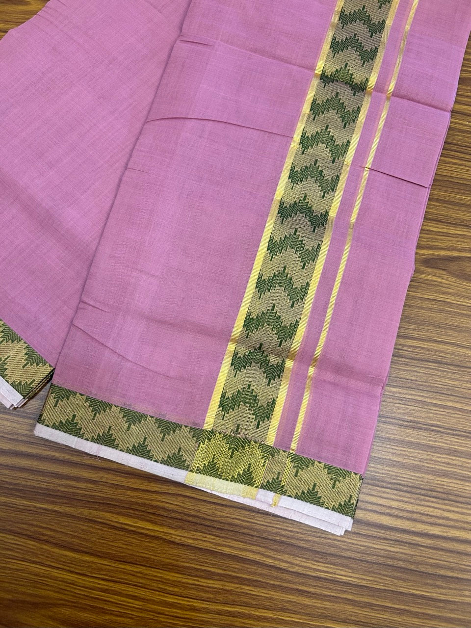 25% Discount! KaithariKada Handloom Unakkupaav Balaramapuram - 100% Cotton Double Mundu/Dhoti - Dark Onion Pink Colour Body - 2.25 inch Gold Kasav & Green Jacquard Design Kara - 6 KK5267 ABH