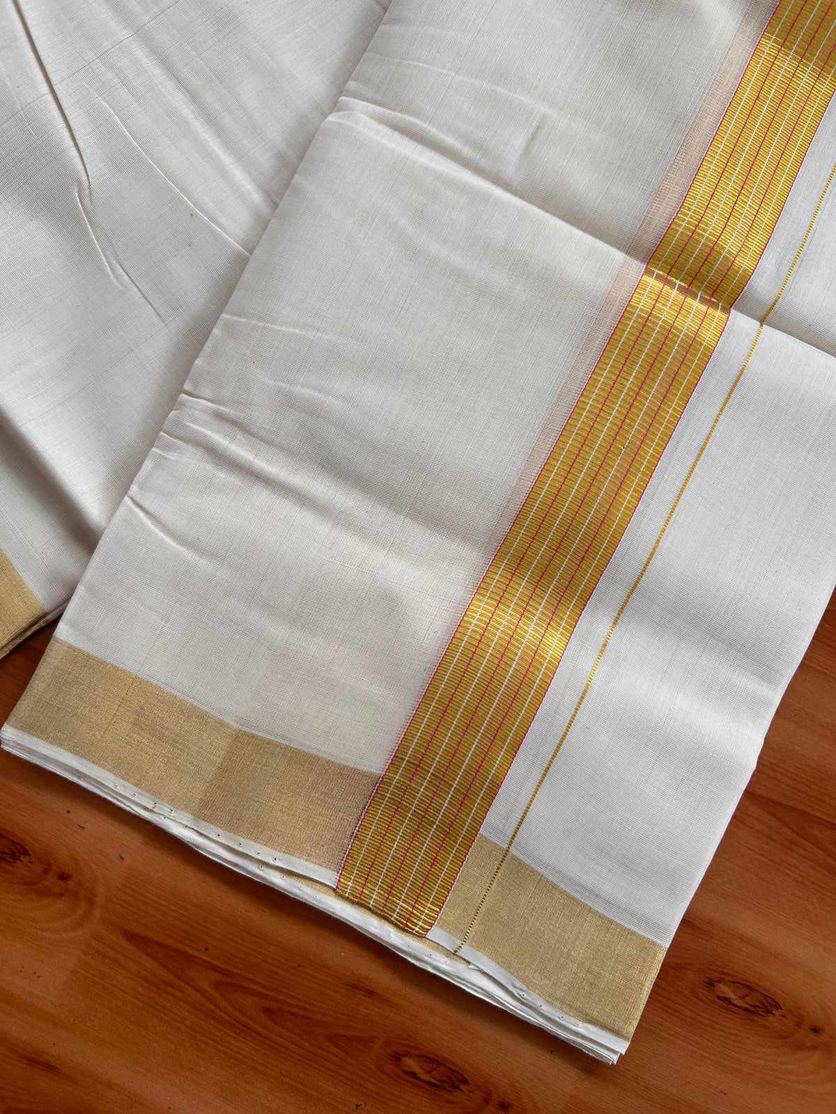 25% Discount KaithariKada Handloom Unakkupaav - Kerala Handloom - 100% Pure Cotton off white (Unbleached) Double Mundu/Dhoti - (80X90) - 1.25 inch Gold Kasav & Pink Striped Kara 3.75 mtr (8 muzham) - 3 KK5524 ELA