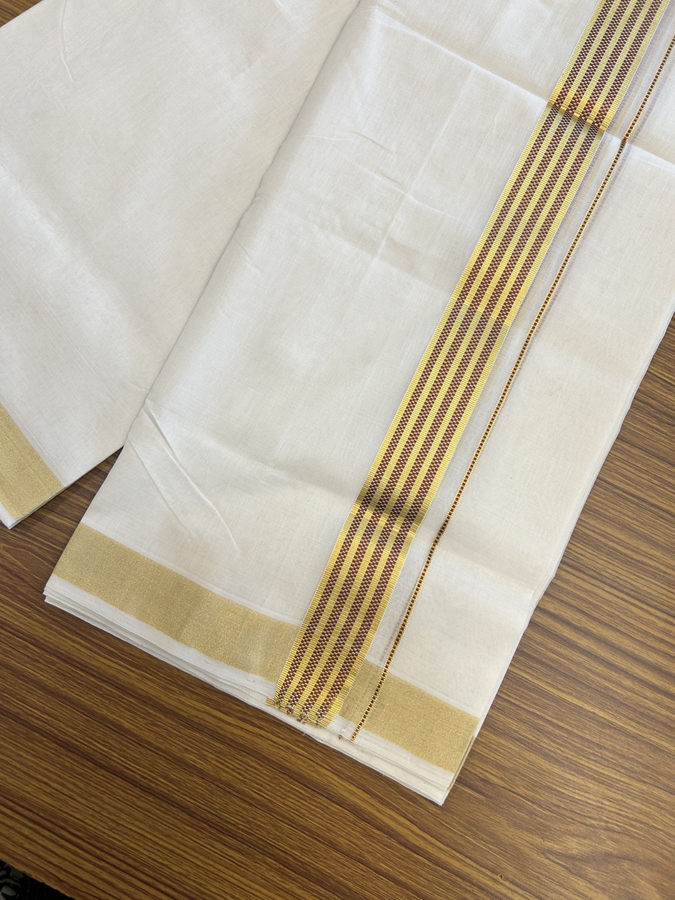 25% Discount ! KaithariKada Handloom Unakkupaav  Kerala Handloom - Pure Cotton Off White - (Unbleached) Double Mundu/Dhoti - (100X80) - 1.5 inch Gold Kasav & Maroon Jacquard Design Kara - 4 mtr (8.5 Muzham)- 20 KK5342 ABH