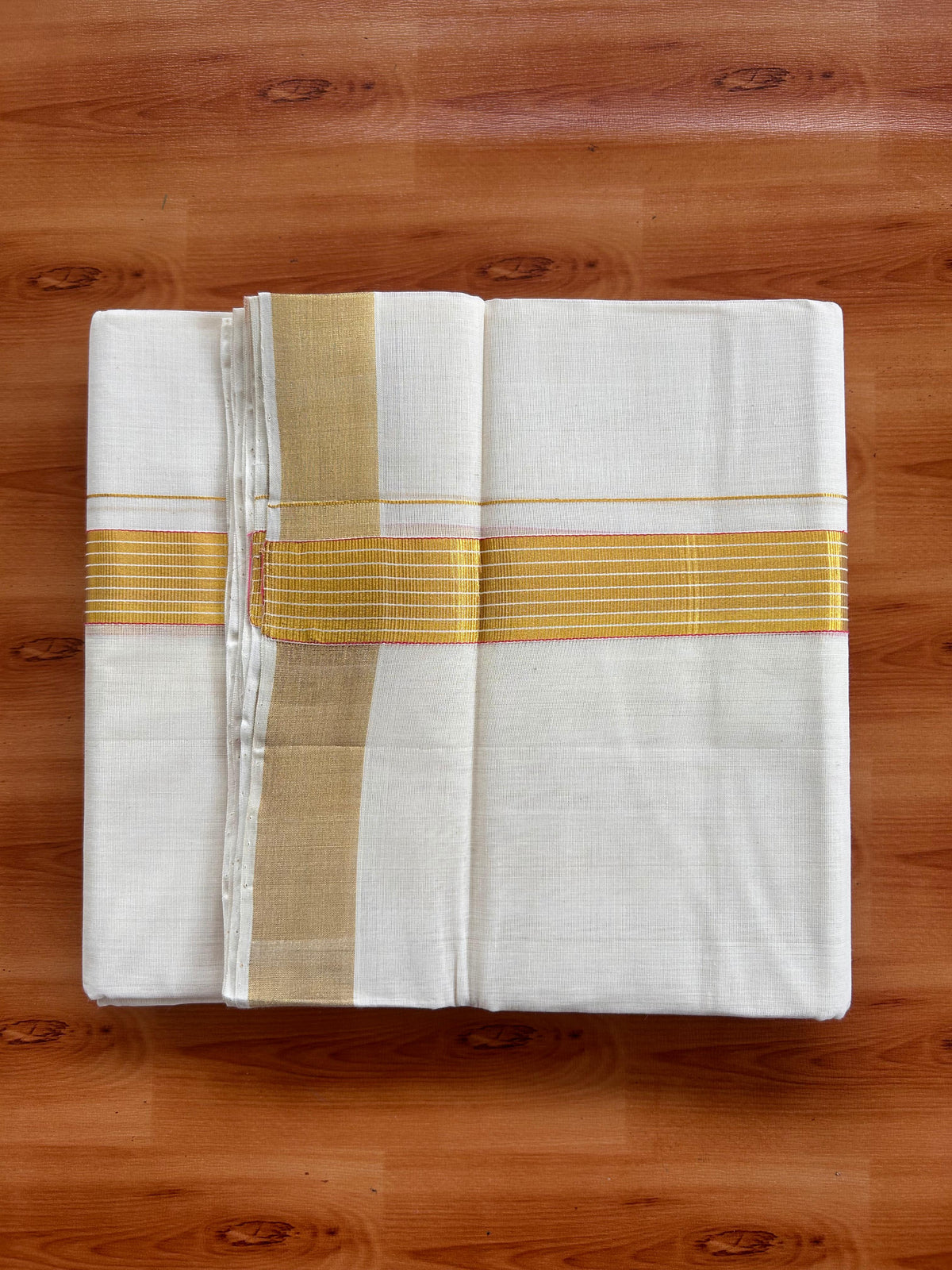 25% Discount KaithariKada Handloom Unakkupaav - Kerala Handloom - 100% Pure Cotton off white (Unbleached) Double Mundu/Dhoti - (80X90) - 1.25 inch Gold Kasav & Pink Striped Kara 3.75 mtr (8 muzham) - 4 KK5524 ELA