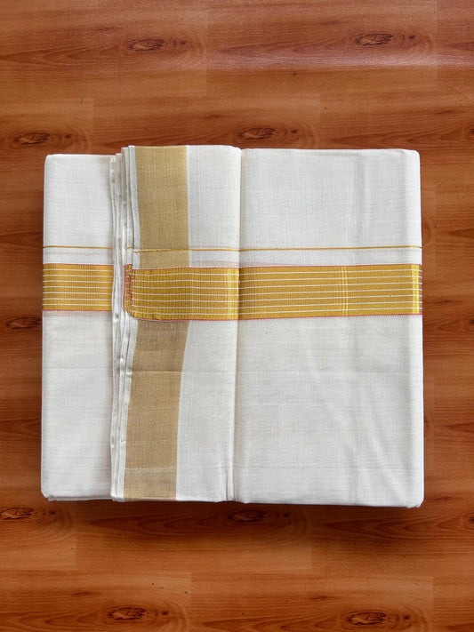 25% Discount KaithariKada Handloom Unakkupaav - Kerala Handloom - 100% Pure Cotton off white (Unbleached) Double Mundu/Dhoti - (80X90) - 1.25 inch Gold Kasav & Pink Striped Kara 3.75 mtr (8 muzham) - 4 KK5524 ELA