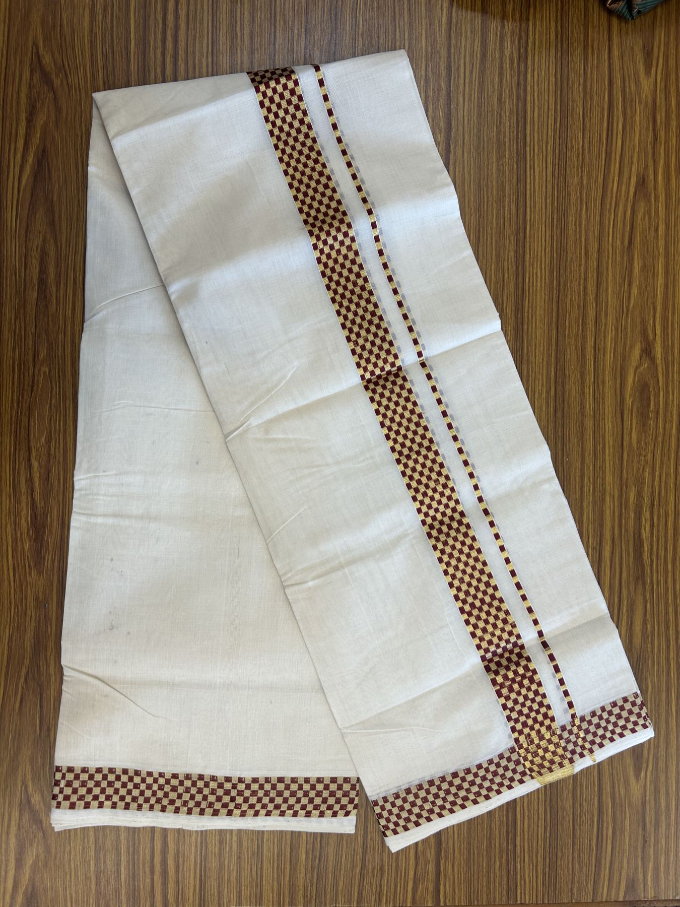 25% Discount ! KaithariKada Handloom Unakkupaav  Kerala Handloom - Pure Cotton Off White - (Unbleached) Double Mundu/Dhoti - (100X80) - 1.5 inch Gold Kasav & Dark Maroon Jacquard Design Kara - 4 mtr (8.5 Muzham)- 21 KK5342 ABH