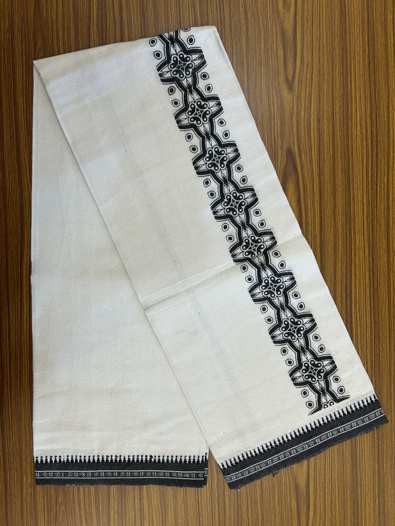 Kaitharikada - Polyster + Cotton - 40s twisted - Pure white Single Kaily / Lungi - 2.5 inch Black  Printed Kuppadam Border with White colour body (2 meter / 4 muzham) -  9 KK8041 GAN