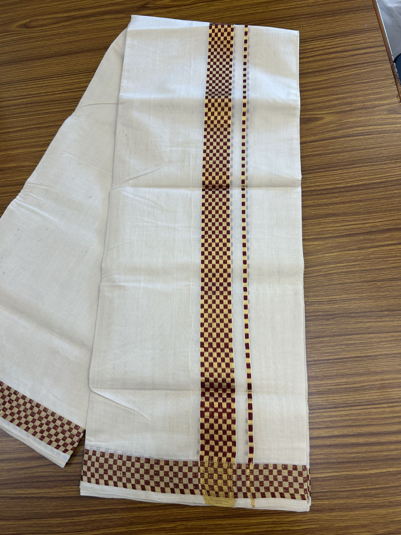 25% Discount ! KaithariKada Handloom Unakkupaav  Kerala Handloom - Pure Cotton Off White - (Unbleached) Double Mundu/Dhoti - (100X80) - 1.5 inch Gold Kasav & Dark Maroon Jacquard Design Kara - 4 mtr (8.5 Muzham)- 21 KK5342 ABH