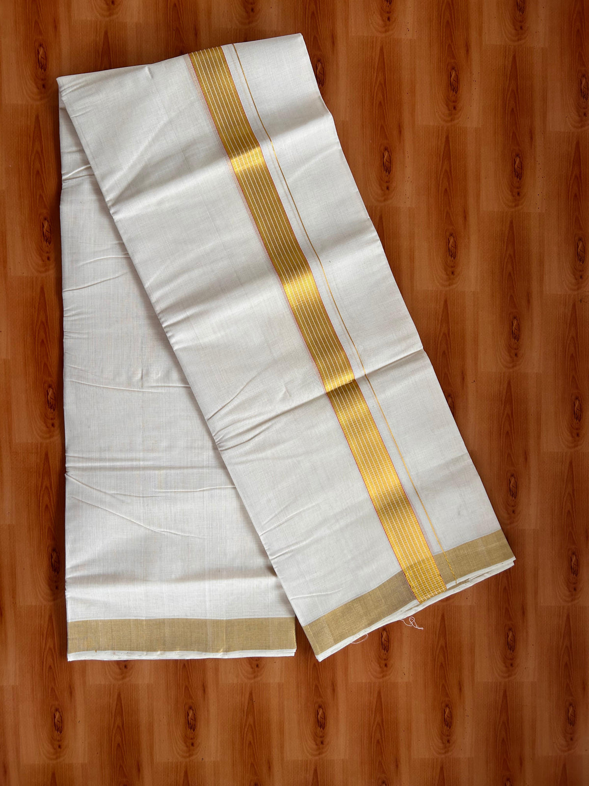 25% Discount KaithariKada Handloom Unakkupaav - Kerala Handloom - 100% Pure Cotton off white (Unbleached) Double Mundu/Dhoti - (80X90) - 1.25 inch Gold Kasav & Pink Striped Kara 3.75 mtr (8 muzham) - 4 KK5524 ELA
