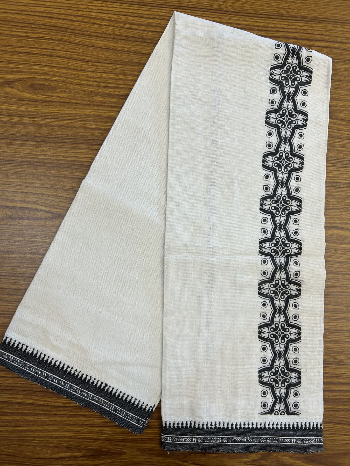 Kaitharikada - Polyster + Cotton - 40s twisted - Pure white Single Kaily / Lungi - 2.5 inch Black  Printed Kuppadam Border with White colour body (2 meter / 4 muzham) -  9 KK8041 GAN