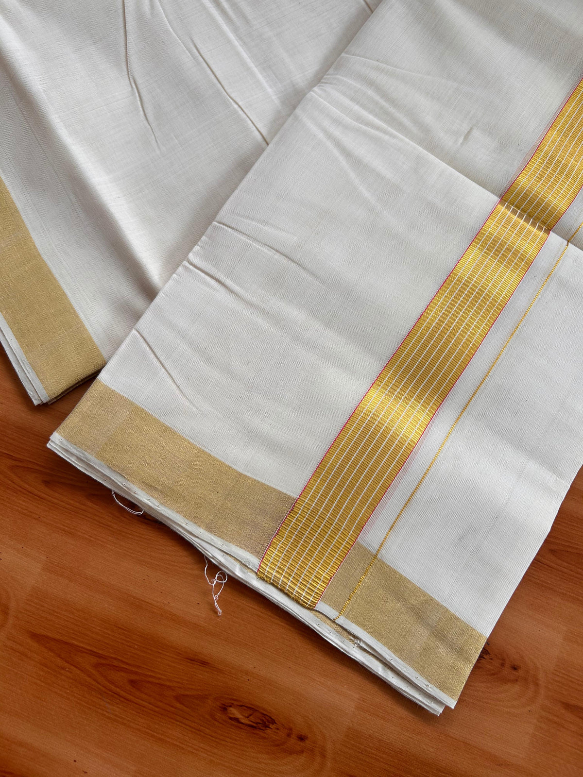 25% Discount KaithariKada Handloom Unakkupaav - Kerala Handloom - 100% Pure Cotton off white (Unbleached) Double Mundu/Dhoti - (80X90) - 1.25 inch Gold Kasav & Pink Striped Kara 3.75 mtr (8 muzham) - 4 KK5524 ELA