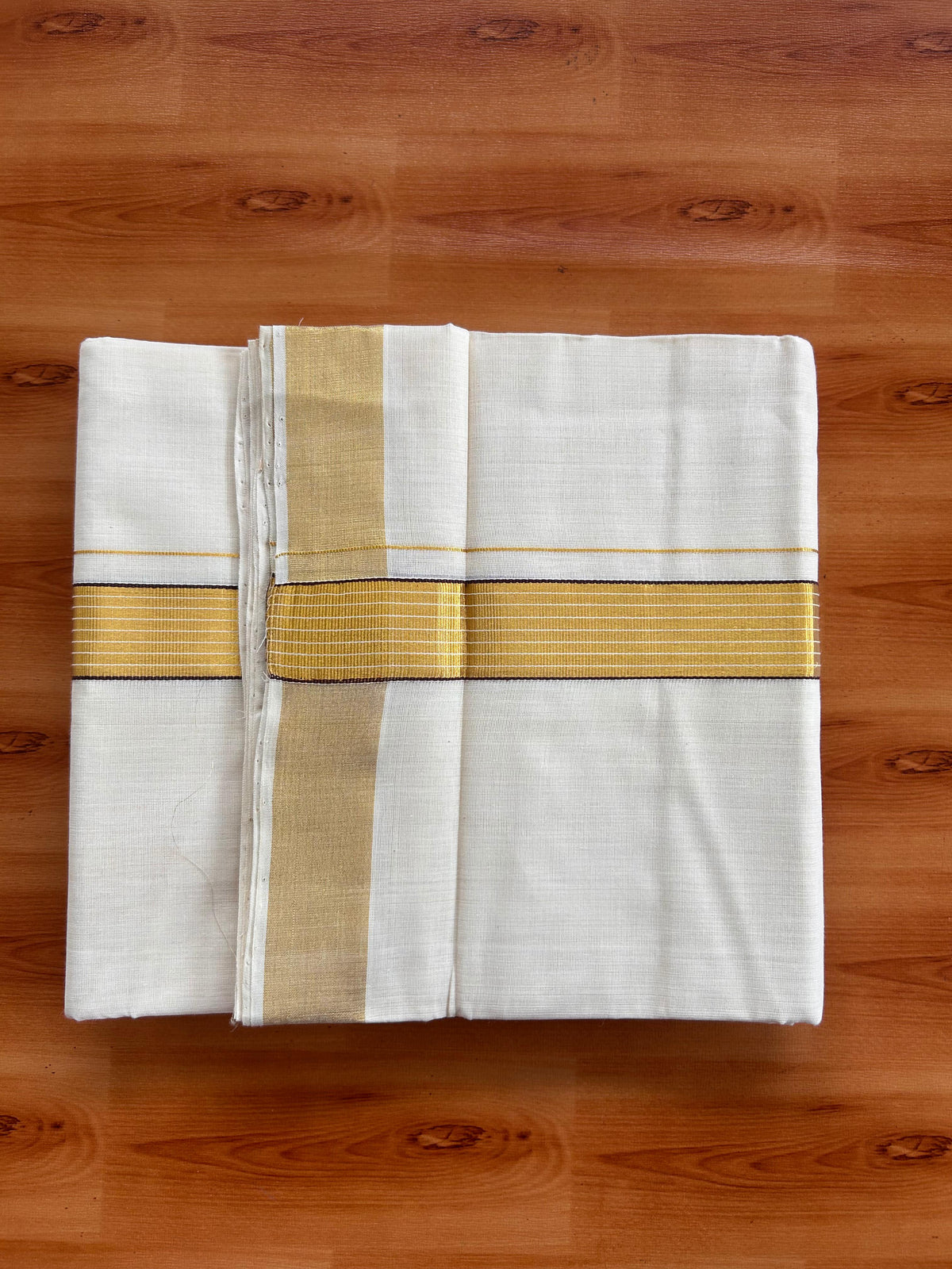 25% Discount KaithariKada Handloom Unakkupaav - Kerala Handloom - 100% Pure Cotton off white (Unbleached) Double Mundu/Dhoti - (80X90) - 1.25 inch Gold Kasav & Dark Brown Striped Kara 3.75 mtr (8 muzham) - 5 KK5524 ELA