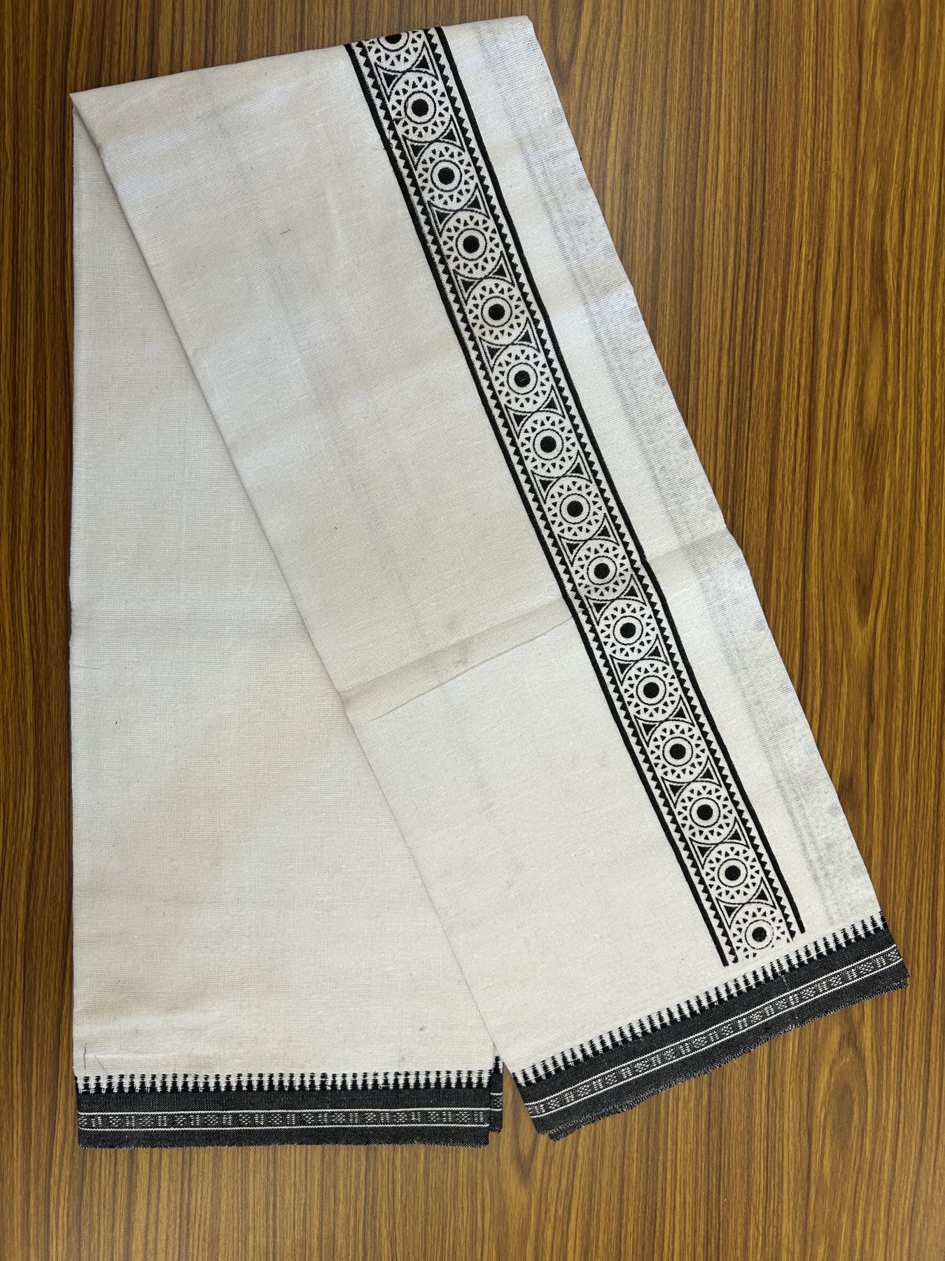 Kaitharikada - Polyster + Cotton - 40s twisted - Pure white Single Kaily / Lungi - 2 inch Black  Printed Kuppadam Border with White colour body (2 meter / 4 muzham) -  10 KK8041 GAN