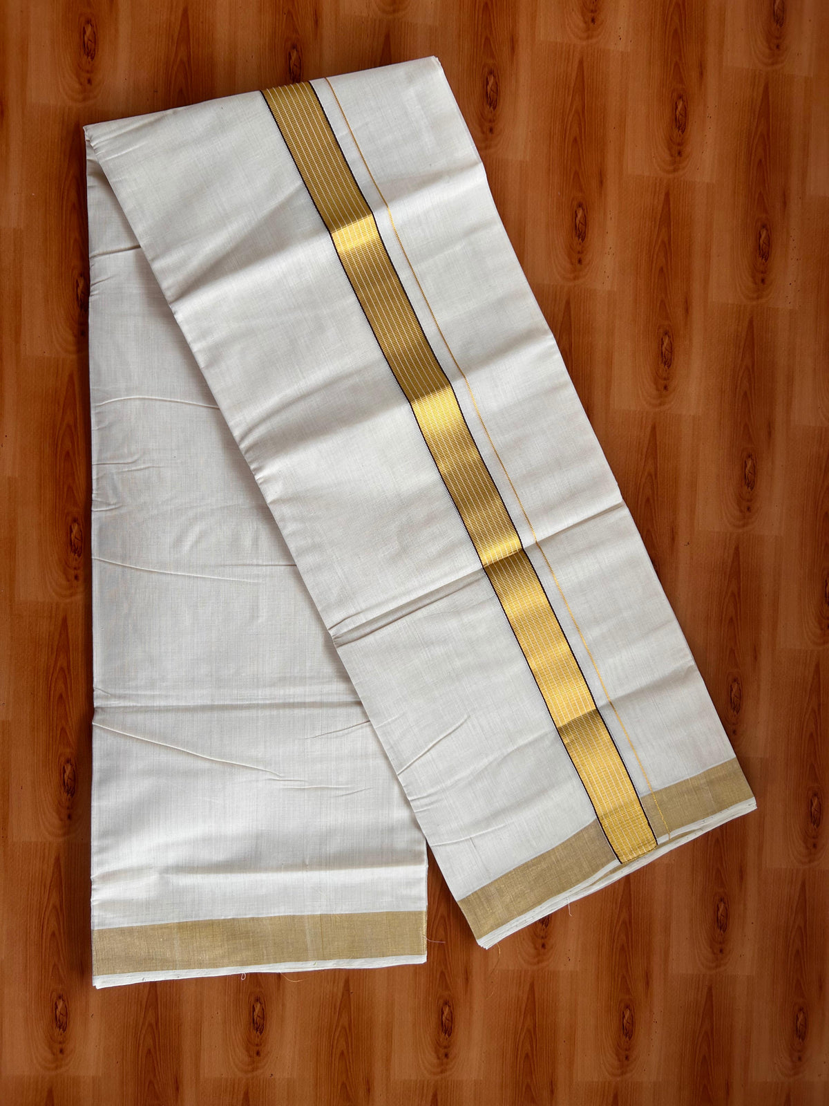 25% Discount KaithariKada Handloom Unakkupaav - Kerala Handloom - 100% Pure Cotton off white (Unbleached) Double Mundu/Dhoti - (80X90) - 1.25 inch Gold Kasav & Dark Brown Striped Kara 3.75 mtr (8 muzham) - 5 KK5524 ELA