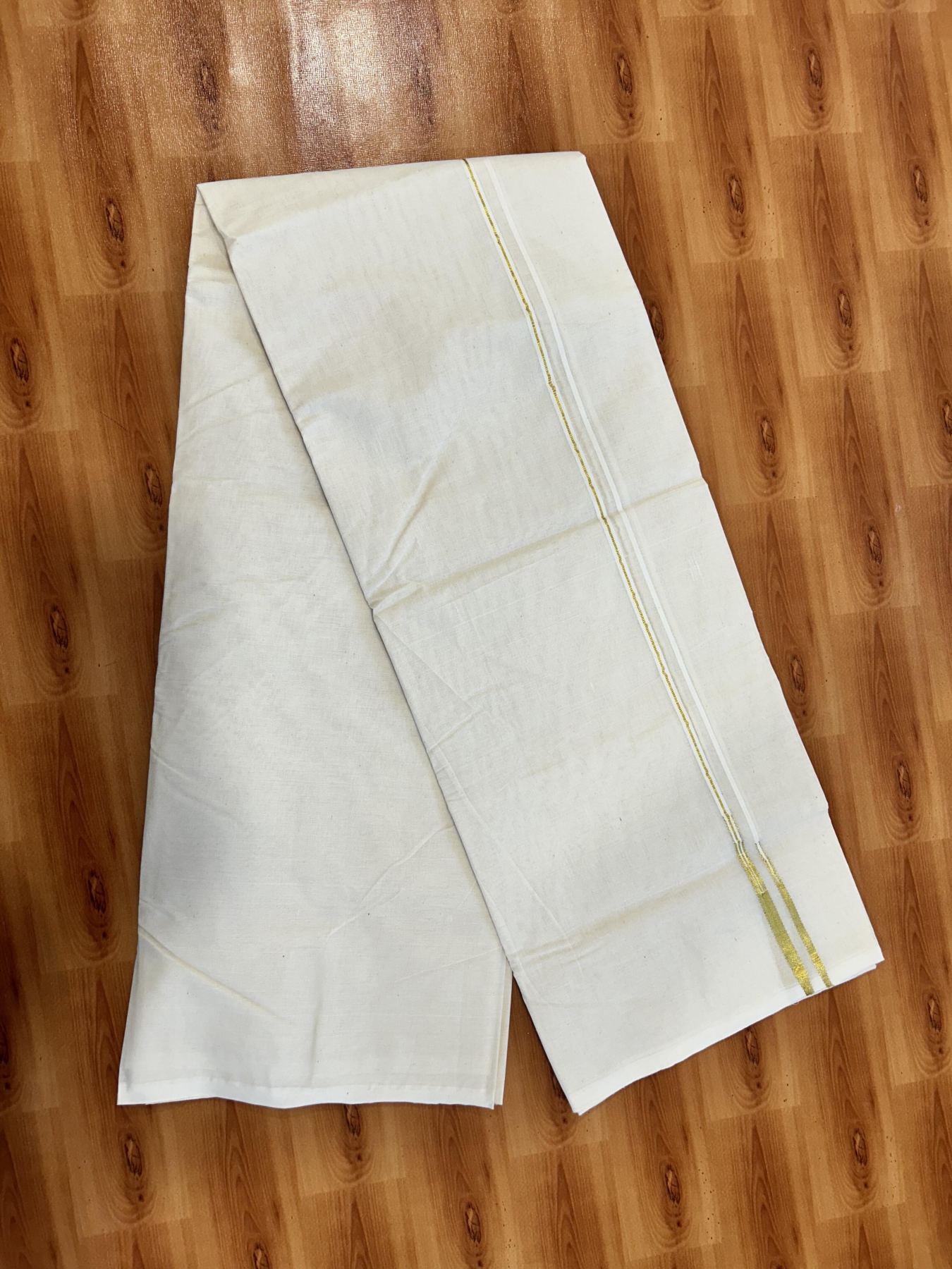 Double Off white Mundu/Dhoti - 20% Discount! KaithariKada Balaramapuram - 100% Cotton  100x100 - 1.75 inch Gold Kasav Double Chutty Kara - 4 mtr (8.5 muzham) - 12 KK5407 ASH