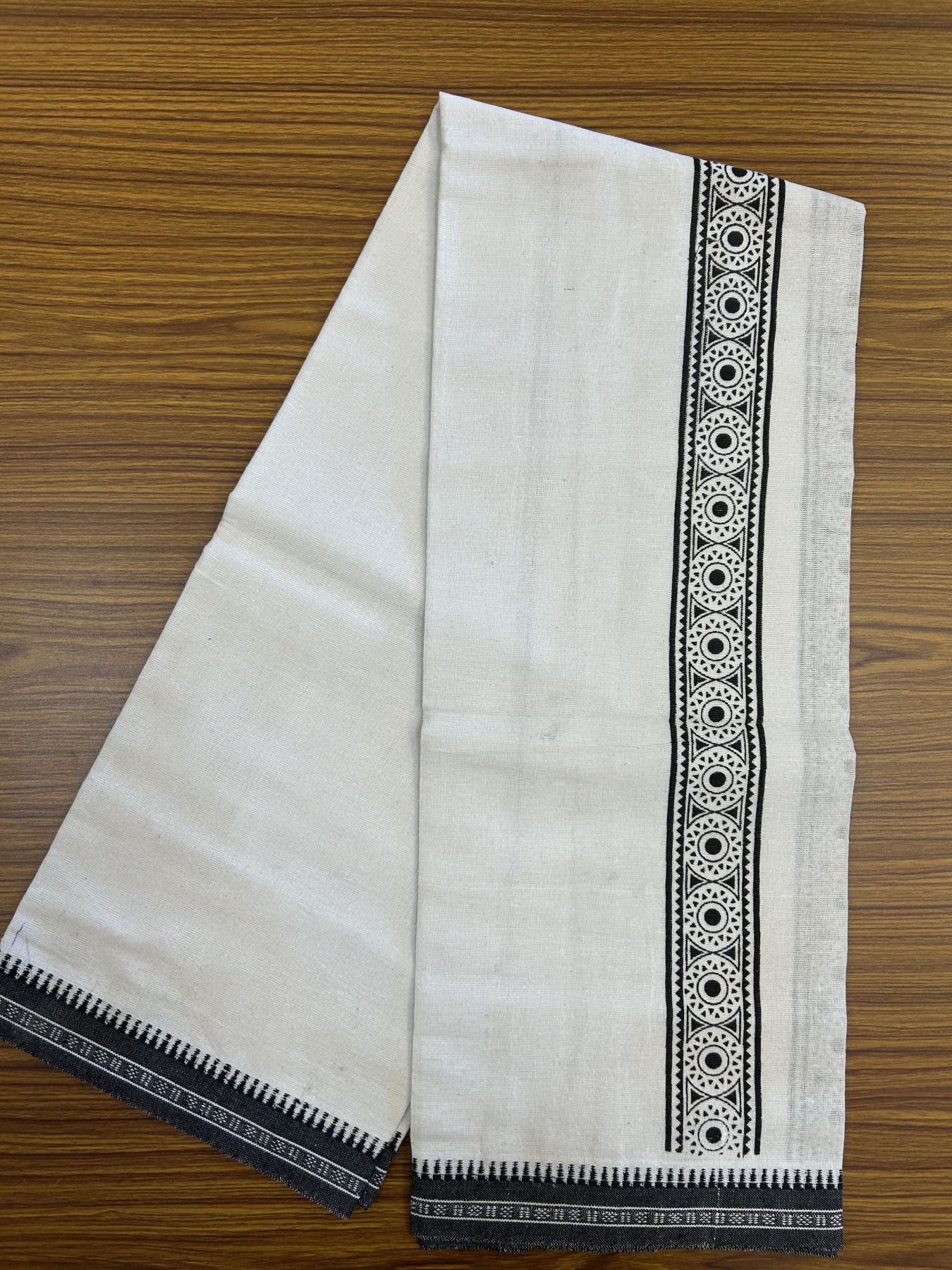 Kaitharikada - Polyster + Cotton - 40s twisted - Pure white Single Kaily / Lungi - 2 inch Black  Printed Kuppadam Border with White colour body (2 meter / 4 muzham) -  10 KK8041 GAN
