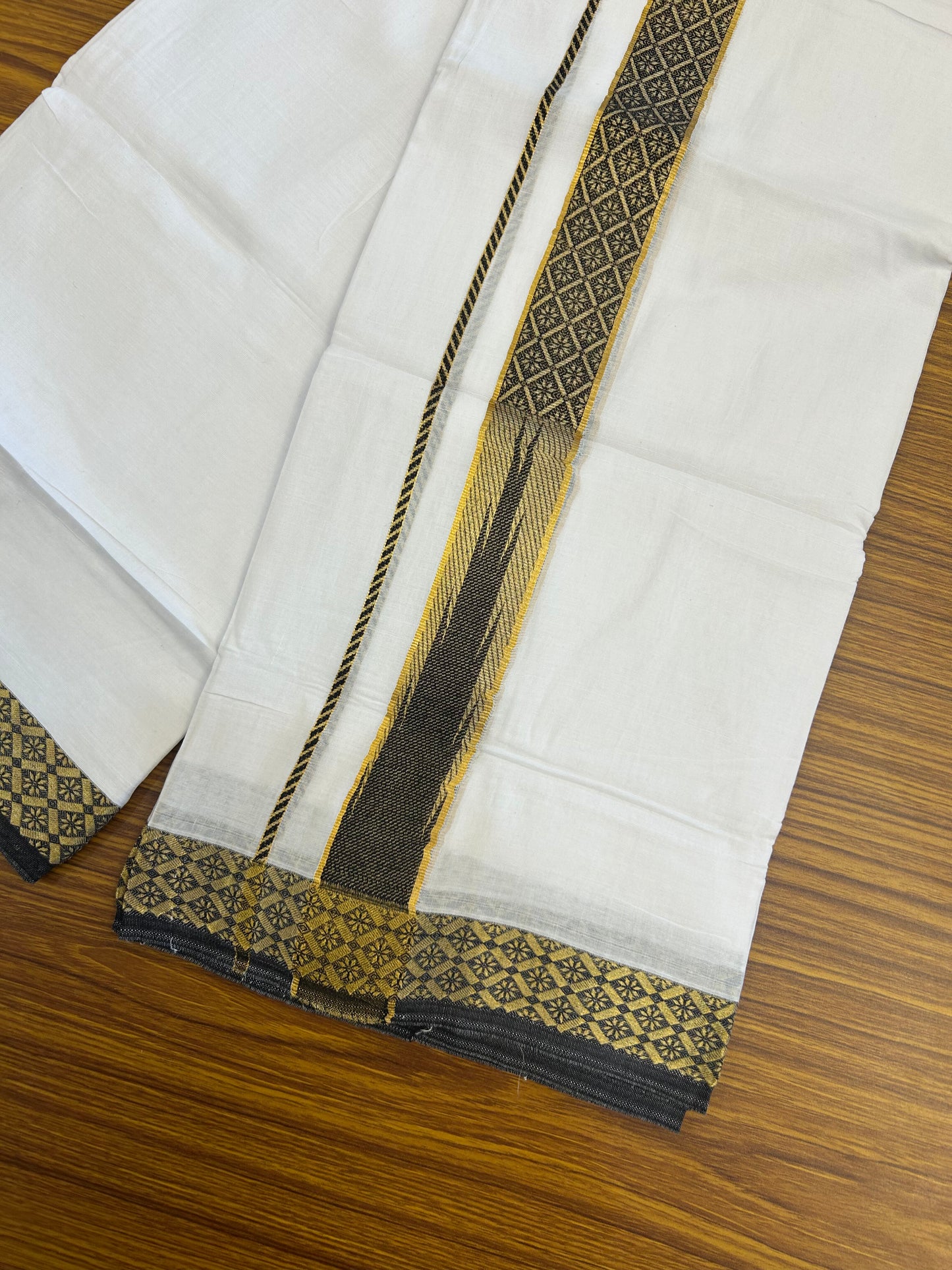 20% Discount ! KaithariKada Balaramapuram 100% Pure Cotton Double Pure White Mundu/Dhoti - 100x80 - 1.5 inch Puliyilakkara Gold Kasav & Black Jacquard Design Chutty kara 3.90 mtr (8 Muzham) - 1 KK5345 CJT