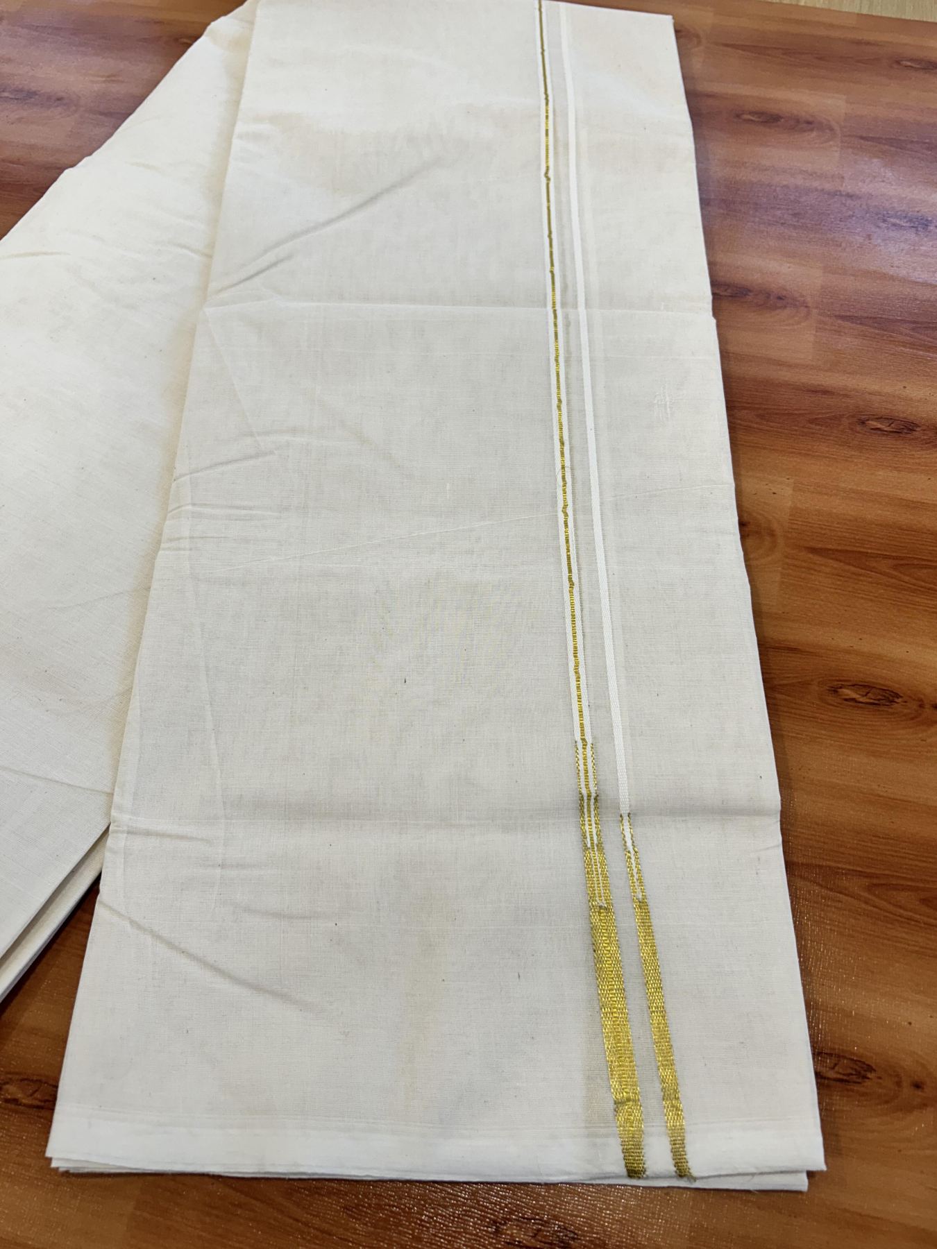 Double Off white Mundu/Dhoti - 20% Discount! KaithariKada Balaramapuram - 100% Cotton  100x100 - 1.75 inch Gold Kasav Double Chutty Kara - 4 mtr (8.5 muzham) - 12 KK5407 ASH