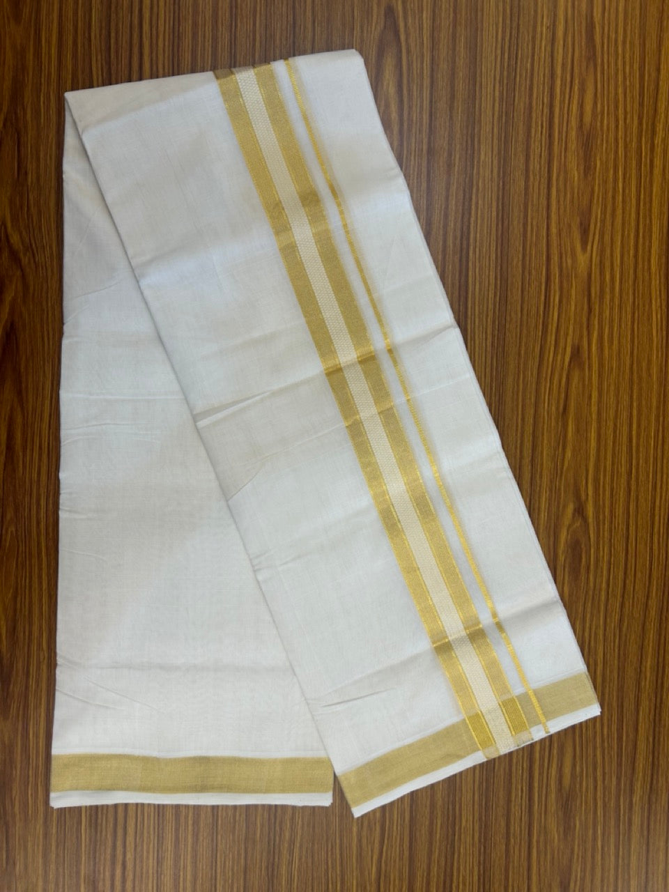 25% Discount!! KaithariKada Handloom Unakkupaav Balaramapuram - 100% Pure Cotton Off White Double - (Unbleached) Mundu/Dothi -80x90 - 2 Inch Gold Kasav Stripes kara 4mtr (8.5 muzham) - 11 KK5267 ABH