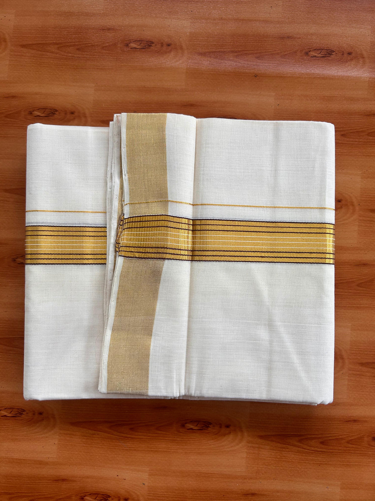 25% Discount KaithariKada Handloom Unakkupaav - Kerala Handloom - 100% Pure Cotton off white (Unbleached) Double Mundu/Dhoti - (80X90) - 1.25 inch Gold Kasav & Dark Brown Striped Kara 3.75 mtr (8 muzham) - 6 KK5524 ELA