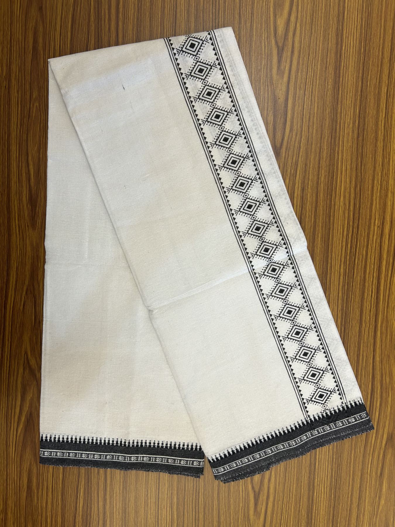 Kaitharikada - Polyster + Cotton - 40s twisted - Pure white Single Kaily / Lungi - 2.5 inch Black  Printed Kuppadam Border with White colour body (2 meter / 4 muzham) -  11 KK8041 GAN