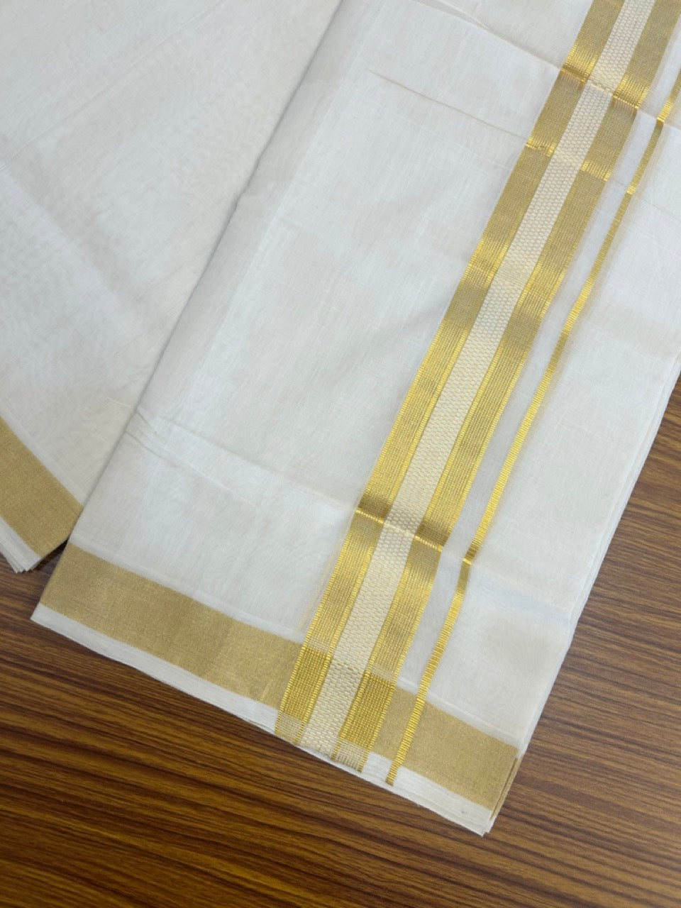 25% Discount!! KaithariKada Handloom Unakkupaav Balaramapuram - 100% Pure Cotton Off White Double - (Unbleached) Mundu/Dothi -80x90 - 2 Inch Gold Kasav Stripes kara 4mtr (8.5 muzham) - 11 KK5267 ABH