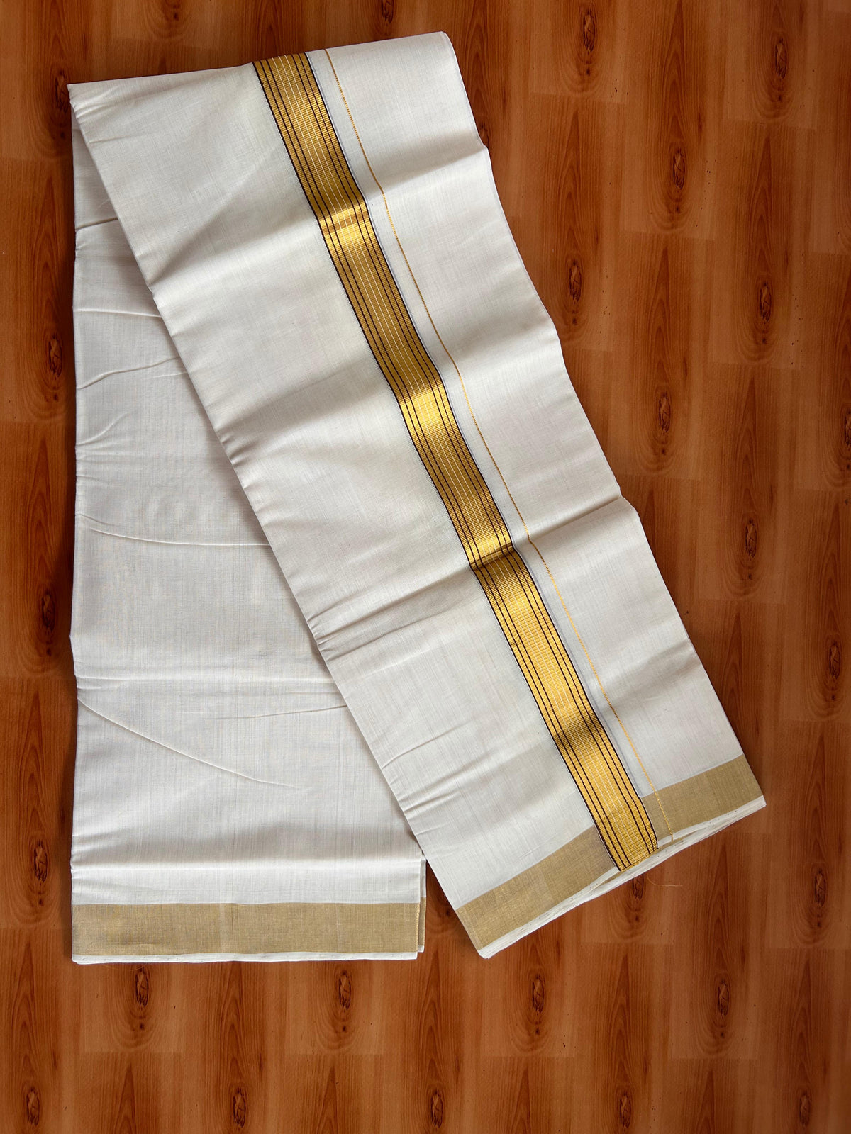 25% Discount KaithariKada Handloom Unakkupaav - Kerala Handloom - 100% Pure Cotton off white (Unbleached) Double Mundu/Dhoti - (80X90) - 1.25 inch Gold Kasav & Dark Brown Striped Kara 3.75 mtr (8 muzham) - 6 KK5524 ELA