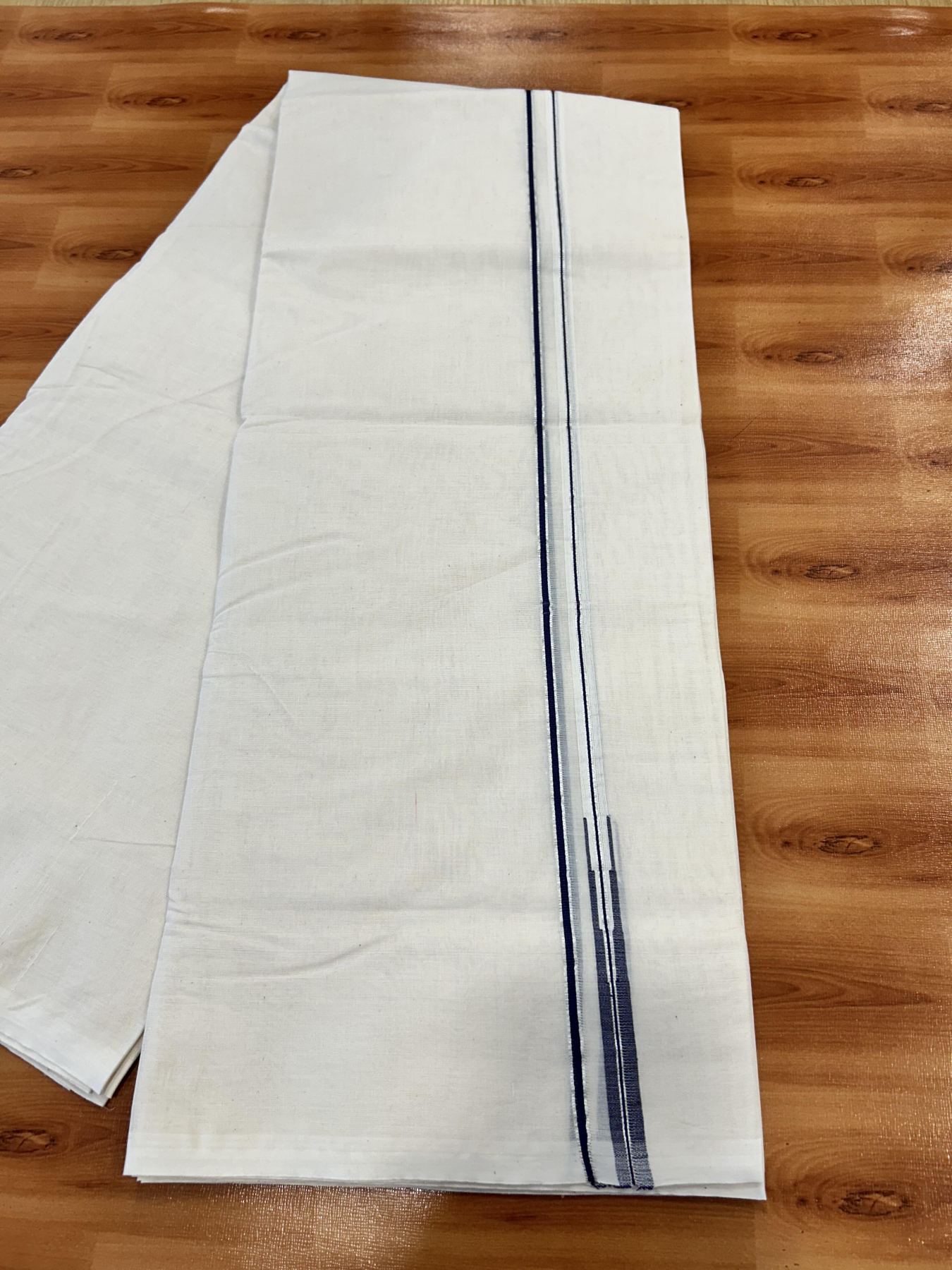 Double Off white Mundu/Dhoti - 20% Discount! KaithariKada Balaramapuram - 100% Cotton  100x100 - 0.5 cm Silver Kasav & Navy Blue Chutty Kara 4 mtr (8.5 muzham) - 13 KK5407 ASH