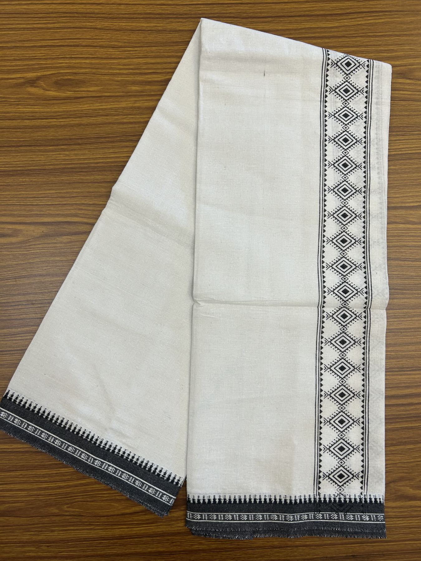 Kaitharikada - Polyster + Cotton - 40s twisted - Pure white Single Kaily / Lungi - 2.5 inch Black  Printed Kuppadam Border with White colour body (2 meter / 4 muzham) -  11 KK8041 GAN