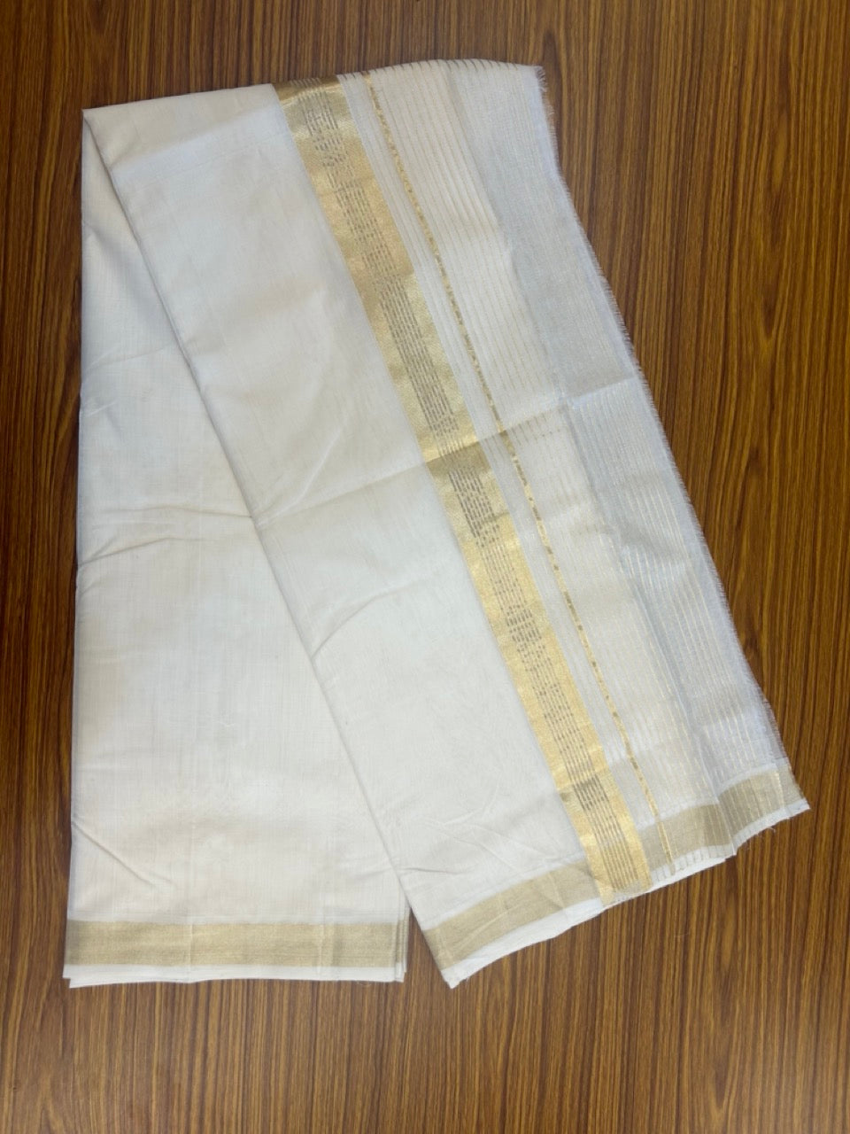 25% Discount!! KaithariKada Handloom  Unakkupaav Balaramapuram - 100% Pure Cotton Off White - (Unbleached) Double Mundu/Dhoti - 100x80 - 7 inch Light Gold Stripes Kara 4 meter - 10 KK5267 ABH