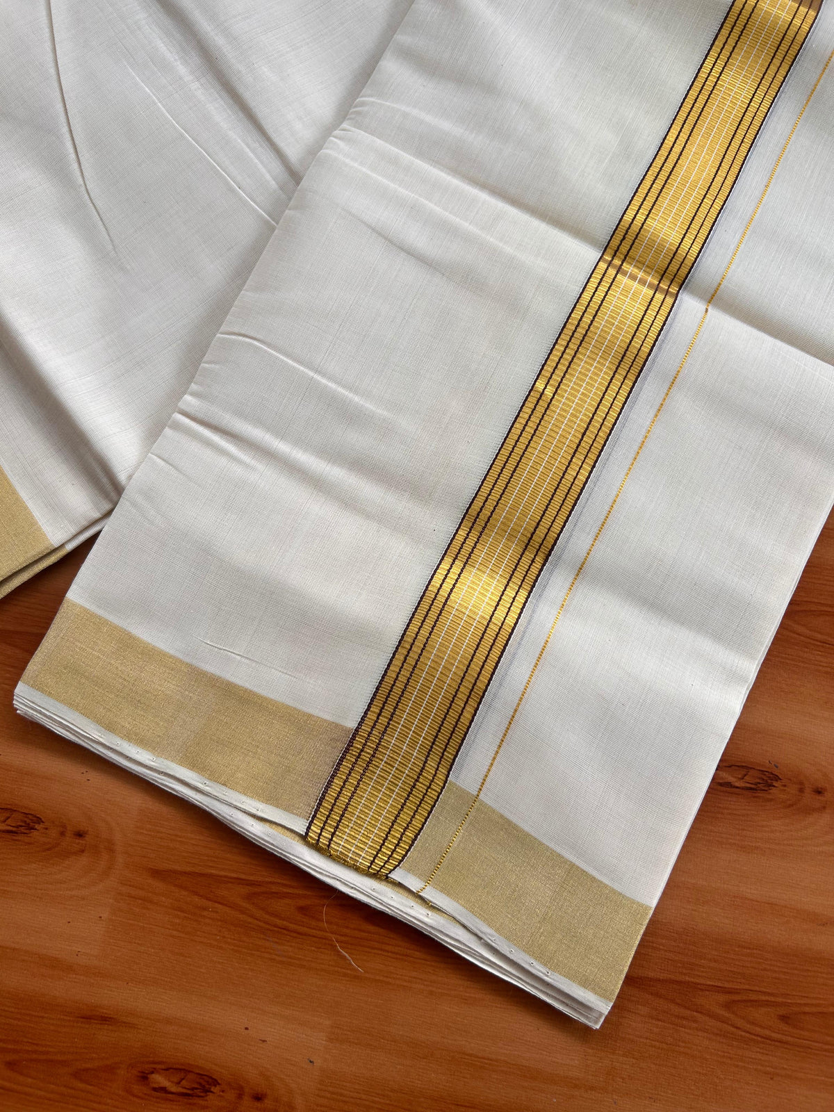 25% Discount KaithariKada Handloom Unakkupaav - Kerala Handloom - 100% Pure Cotton off white (Unbleached) Double Mundu/Dhoti - (80X90) - 1.25 inch Gold Kasav & Dark Brown Striped Kara 3.75 mtr (8 muzham) - 6 KK5524 ELA