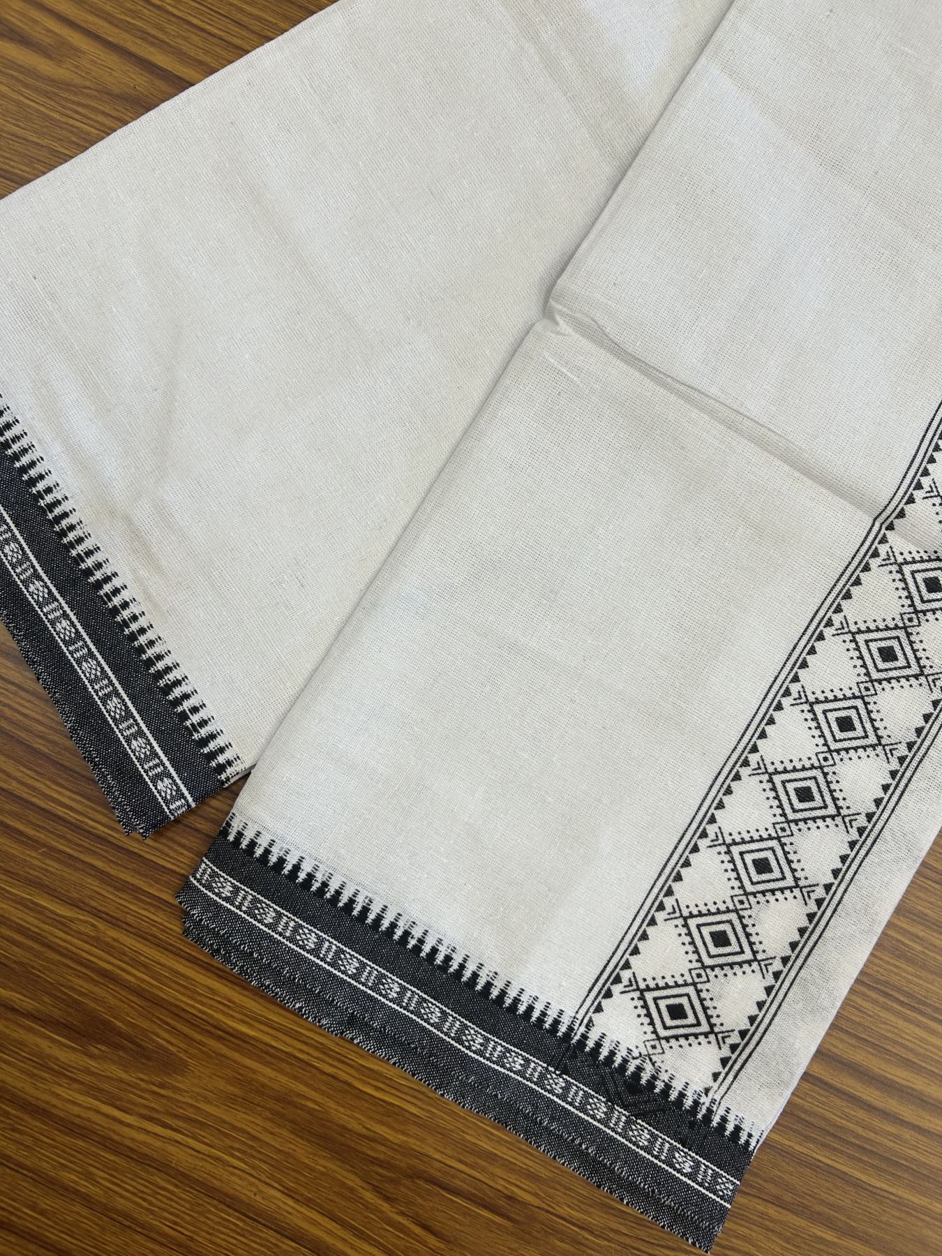 Kaitharikada - Polyster + Cotton - 40s twisted - Pure white Single Kaily / Lungi - 2.5 inch Black  Printed Kuppadam Border with White colour body (2 meter / 4 muzham) -  11 KK8041 GAN