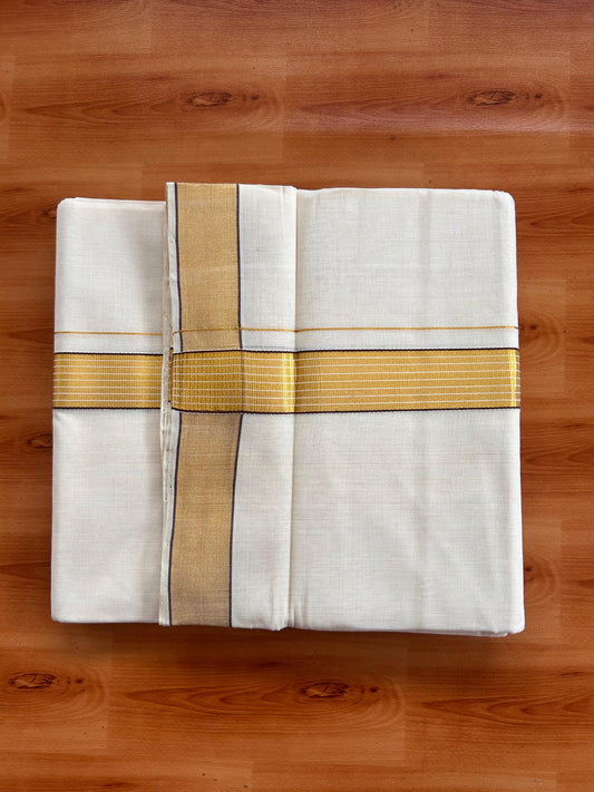 25% Discount KaithariKada Handloom Unakkupaav - Kerala Handloom - 100% Pure Cotton off white (Unbleached) Double Mundu/Dhoti - (80X90) - 1.25 inch Gold Kasav & Dark Brown Striped Kara 3.75 mtr (8 muzham) - 7 KK5524 ELA