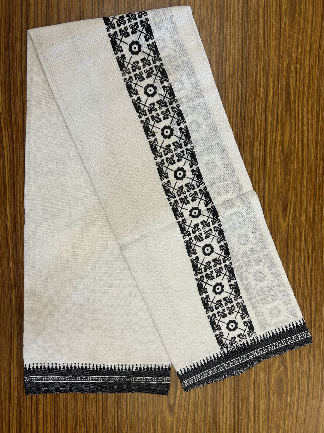 Kaitharikada - Polyster + Cotton - 40s twisted - Pure white Single Kaily / Lungi - 2.5 inch Black  Printed Kuppadam Border with White colour body (2 meter / 4 muzham) -  12 KK8041 GAN