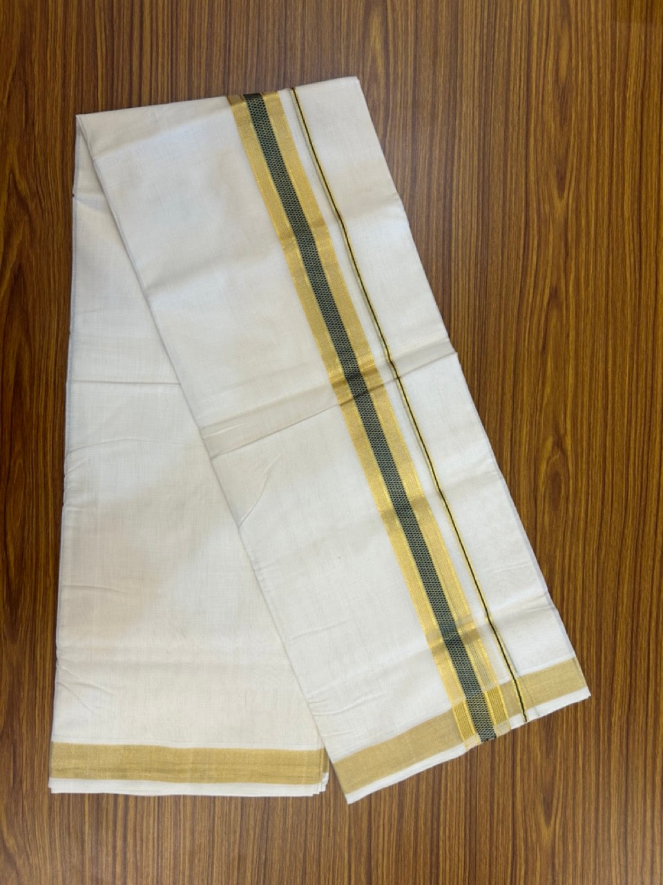 25% Discount!! KaithariKada Handloom Unakkupaav Balaramapuram - 100% Pure Cotton Off White Double - (Unbleached) Mundu/Dothi -80x90 - 1.75 Inch Gold Kasav & Green Jacquard Stripes kara 4mtr (8.5 muzham) - 13 KK5267 ABH
