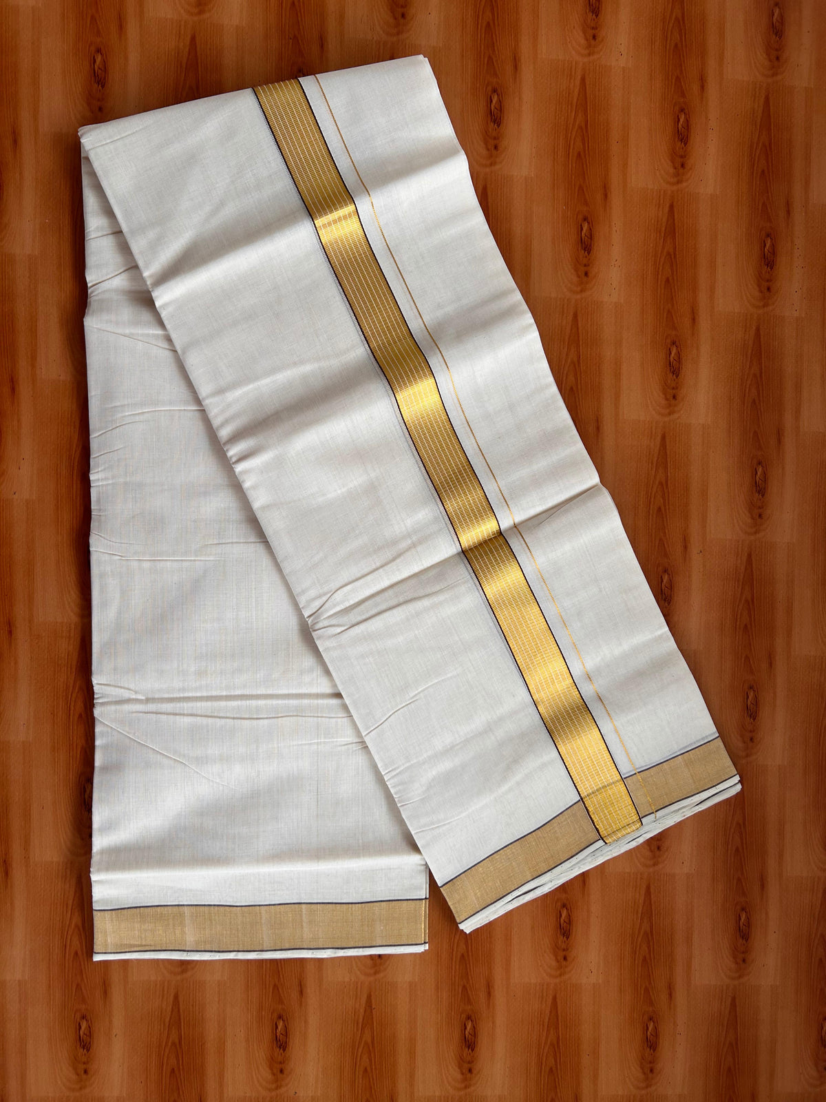 25% Discount KaithariKada Handloom Unakkupaav - Kerala Handloom - 100% Pure Cotton off white (Unbleached) Double Mundu/Dhoti - (80X90) - 1.25 inch Gold Kasav & Dark Brown Striped Kara 3.75 mtr (8 muzham) - 7 KK5524 ELA