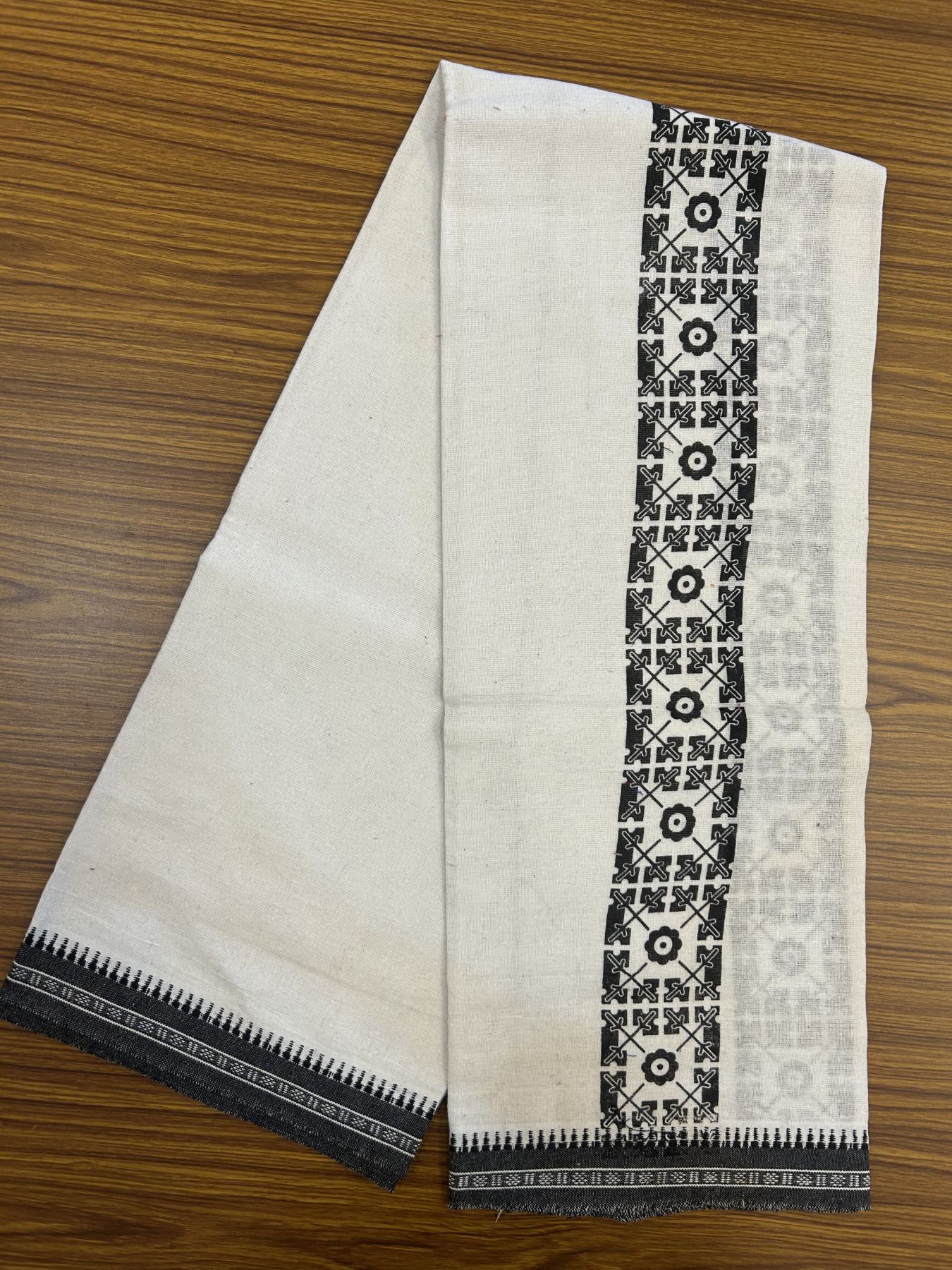 Kaitharikada - Polyster + Cotton - 40s twisted - Pure white Single Kaily / Lungi - 2.5 inch Black  Printed Kuppadam Border with White colour body (2 meter / 4 muzham) -  12 KK8041 GAN