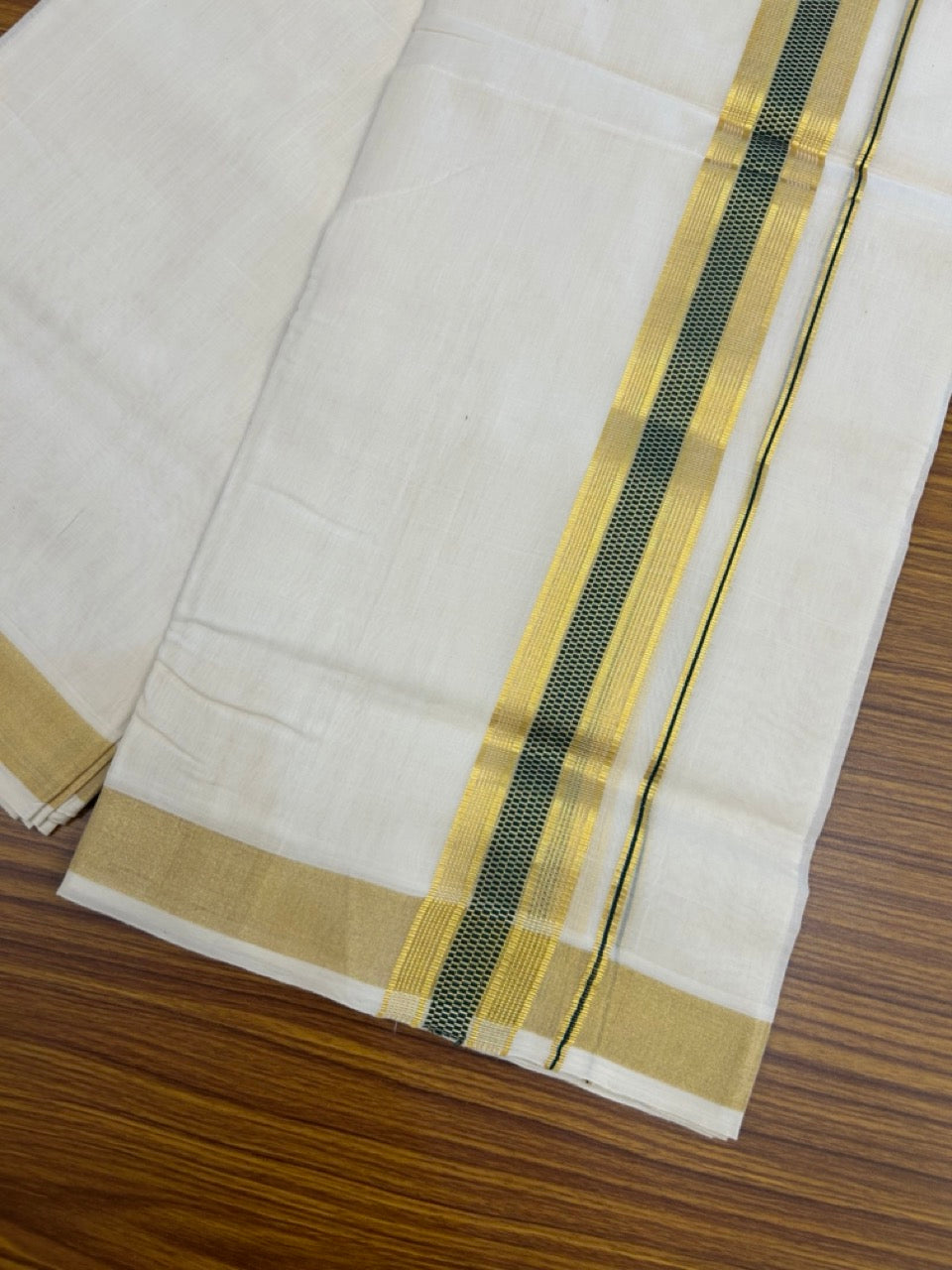 25% Discount!! KaithariKada Handloom Unakkupaav Balaramapuram - 100% Pure Cotton Off White Double - (Unbleached) Mundu/Dothi -80x90 - 1.75 Inch Gold Kasav & Green Jacquard Stripes kara 4mtr (8.5 muzham) - 13 KK5267 ABH
