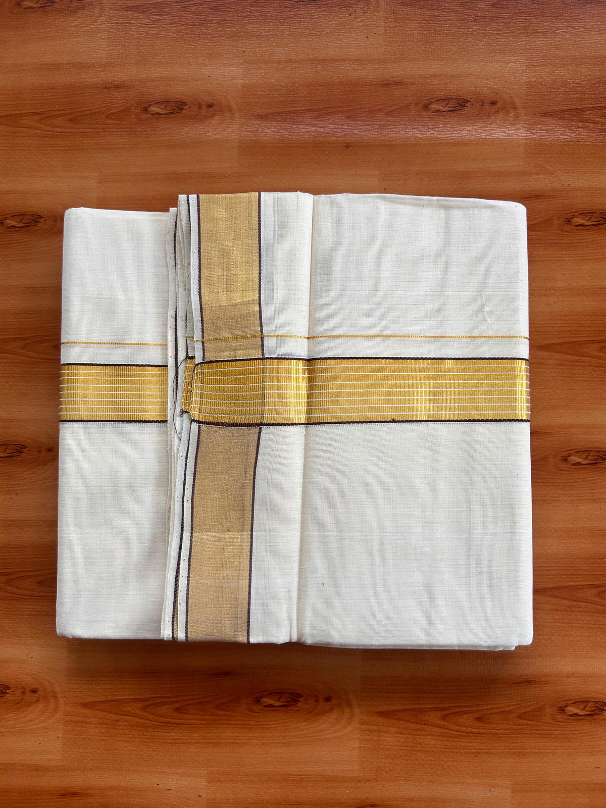 25% Discount KaithariKada Handloom Unakkupaav - Kerala Handloom - 100% Pure Cotton off white (Unbleached) Double Mundu/Dhoti - (80X90) - 1.25 inch Gold Kasav & Dark Brown Striped Kara 3.75 mtr (8 muzham) - 8 KK5524 ELA