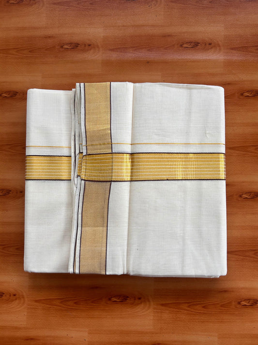 25% Discount KaithariKada Handloom Unakkupaav - Kerala Handloom - 100% Pure Cotton off white (Unbleached) Double Mundu/Dhoti - (80X90) - 1.25 inch Gold Kasav & Dark Brown Striped Kara 3.75 mtr (8 muzham) - 8 KK5524 ELA