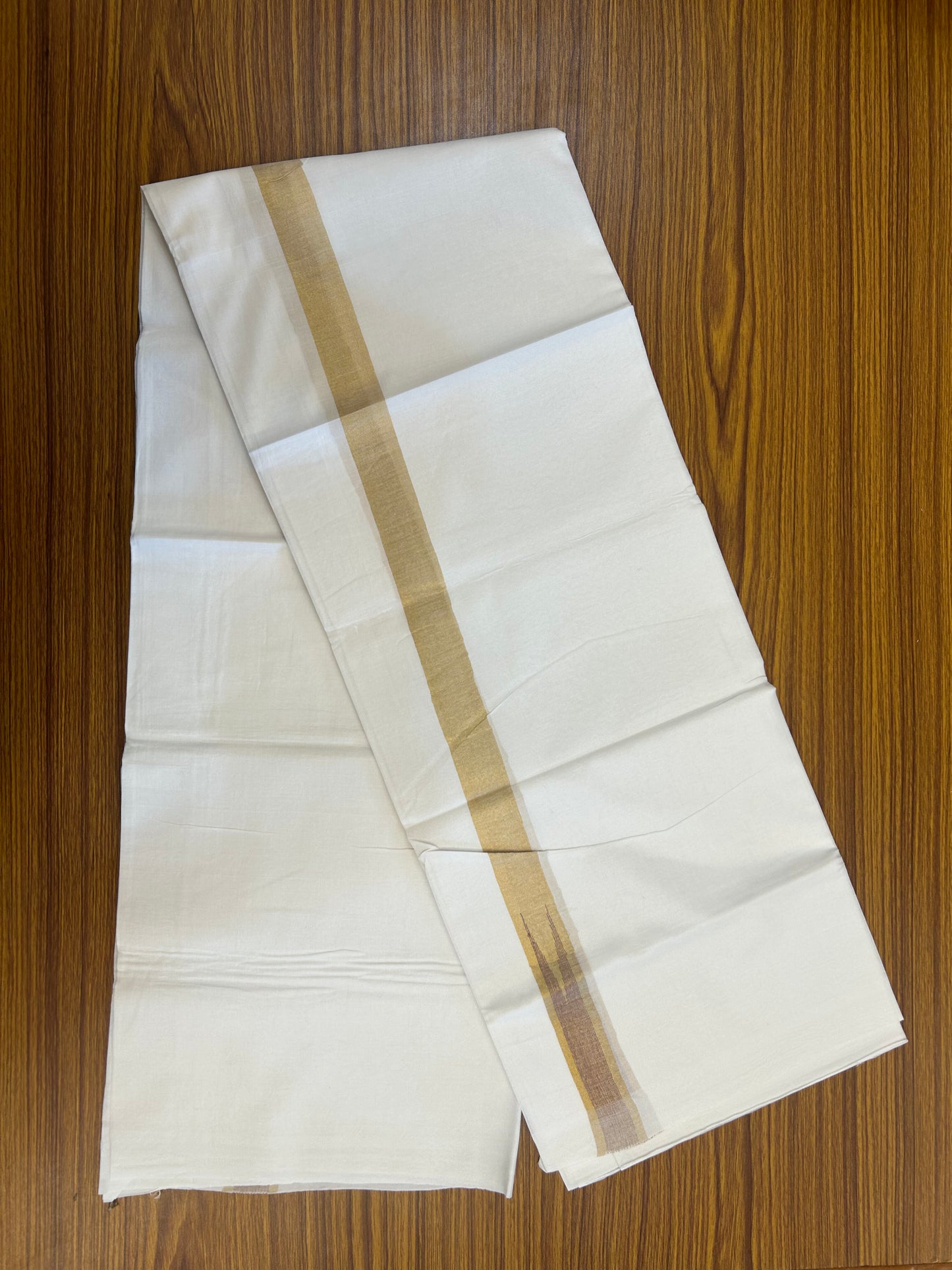 20% Discount ! Kaitharikada Balaramapuram 100% Cotton Pure White Double Mundu/Dothi - 100x80 - 1 inch Puliyilakkara Gold Kasav & Peach Brown Chutty Kara  3.90 mtr (8 muzham) - 2 KK5344 VAS