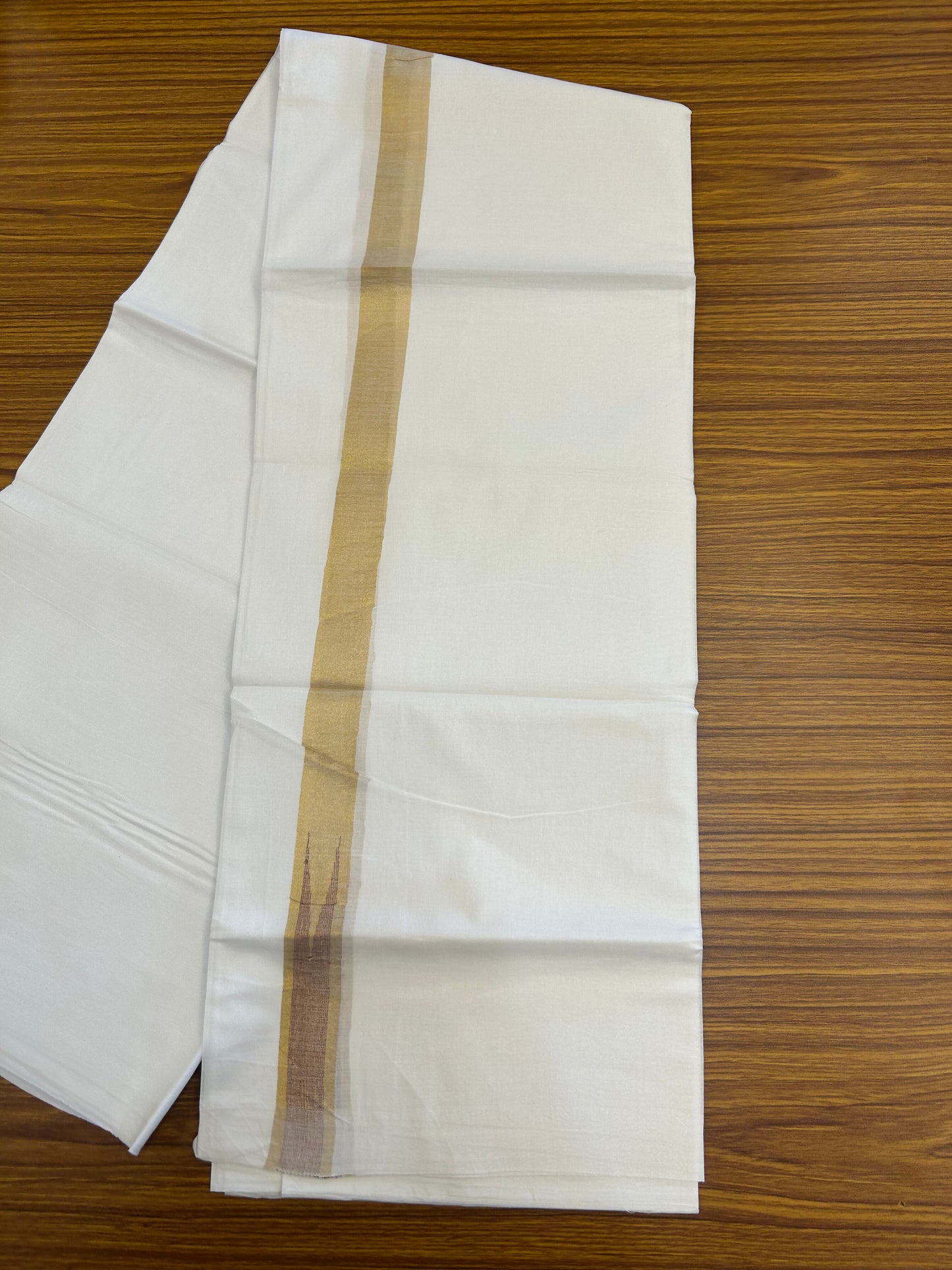 20% Discount ! Kaitharikada Balaramapuram 100% Cotton Pure White Double Mundu/Dothi - 100x80 - 1 inch Puliyilakkara Gold Kasav & Peach Brown Chutty Kara  3.90 mtr (8 muzham) - 2 KK5344 VAS