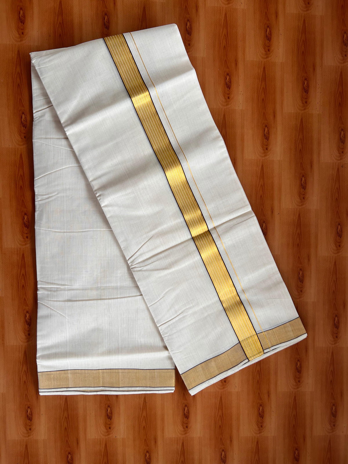 25% Discount KaithariKada Handloom Unakkupaav - Kerala Handloom - 100% Pure Cotton off white (Unbleached) Double Mundu/Dhoti - (80X90) - 1.25 inch Gold Kasav & Dark Brown Striped Kara 3.75 mtr (8 muzham) - 8 KK5524 ELA