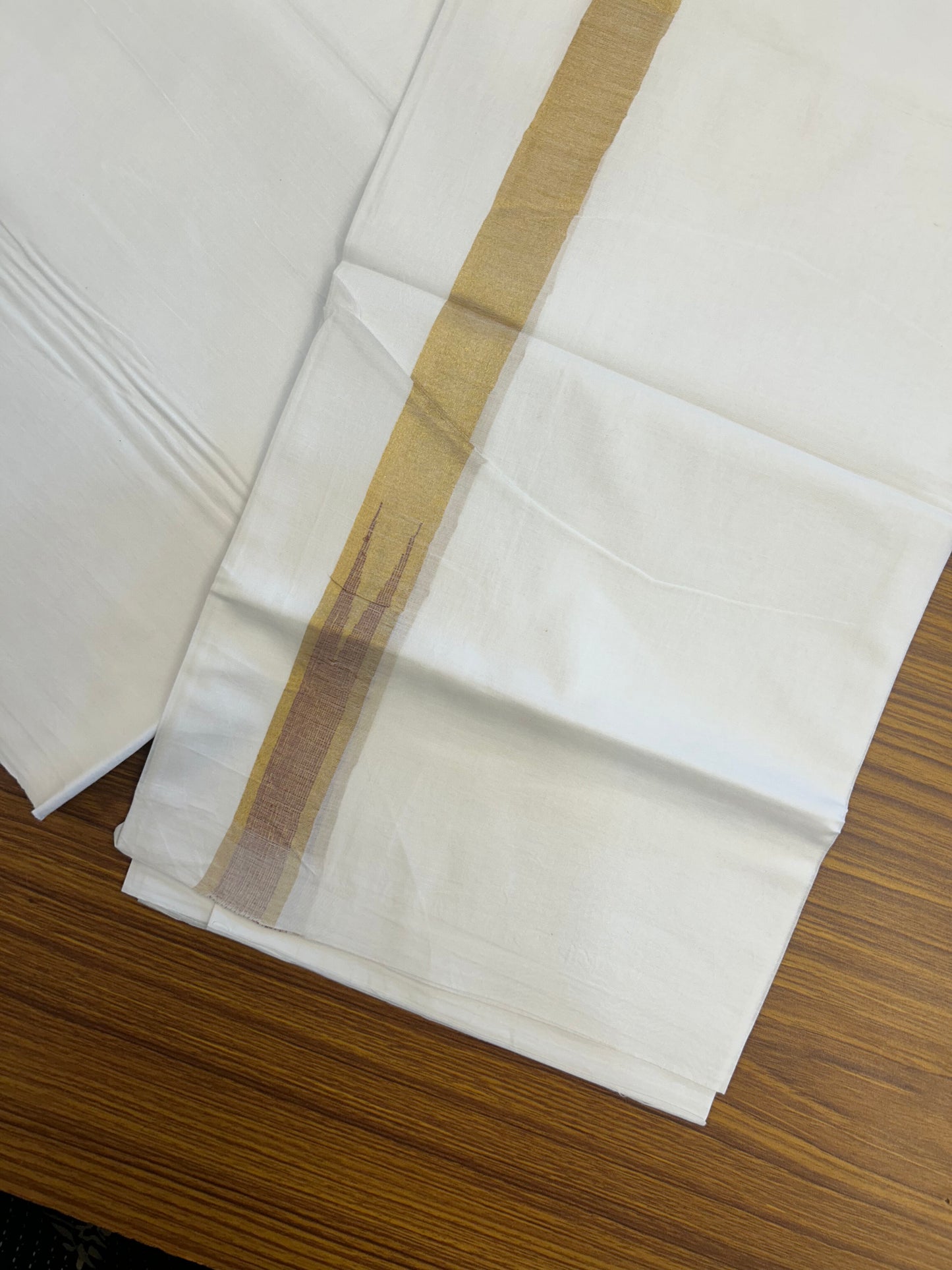 20% Discount ! Kaitharikada Balaramapuram 100% Cotton Pure White Double Mundu/Dothi - 100x80 - 1 inch Puliyilakkara Gold Kasav & Peach Brown Chutty Kara  3.90 mtr (8 muzham) - 2 KK5344 VAS