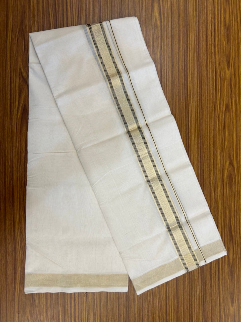 25% Discount!! KaithariKada Handloom Unakkupaav Balaramapuram - 100% Pure Cotton Off White Double - (Unbleached) Mundu/Dothi -80x90 - 1.75 Inch Light Gold Kasav & Black Jacquard Stripes kara 4mtr (8.5 muzham) - 14 KK5267 ABH