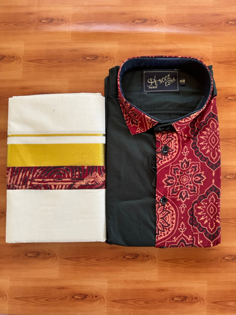 Combo Shirt Mund Mixed cotton - Full Sleeve - KaithariKada - Green & Ajrakh Printed Design - 1 KK7050 VIN