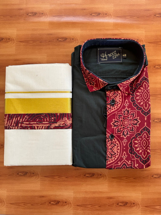 Combo Shirt Mund Mixed cotton - Full Sleeve - KaithariKada - Green & Ajrakh Printed Design - 1 KK7050 VIN