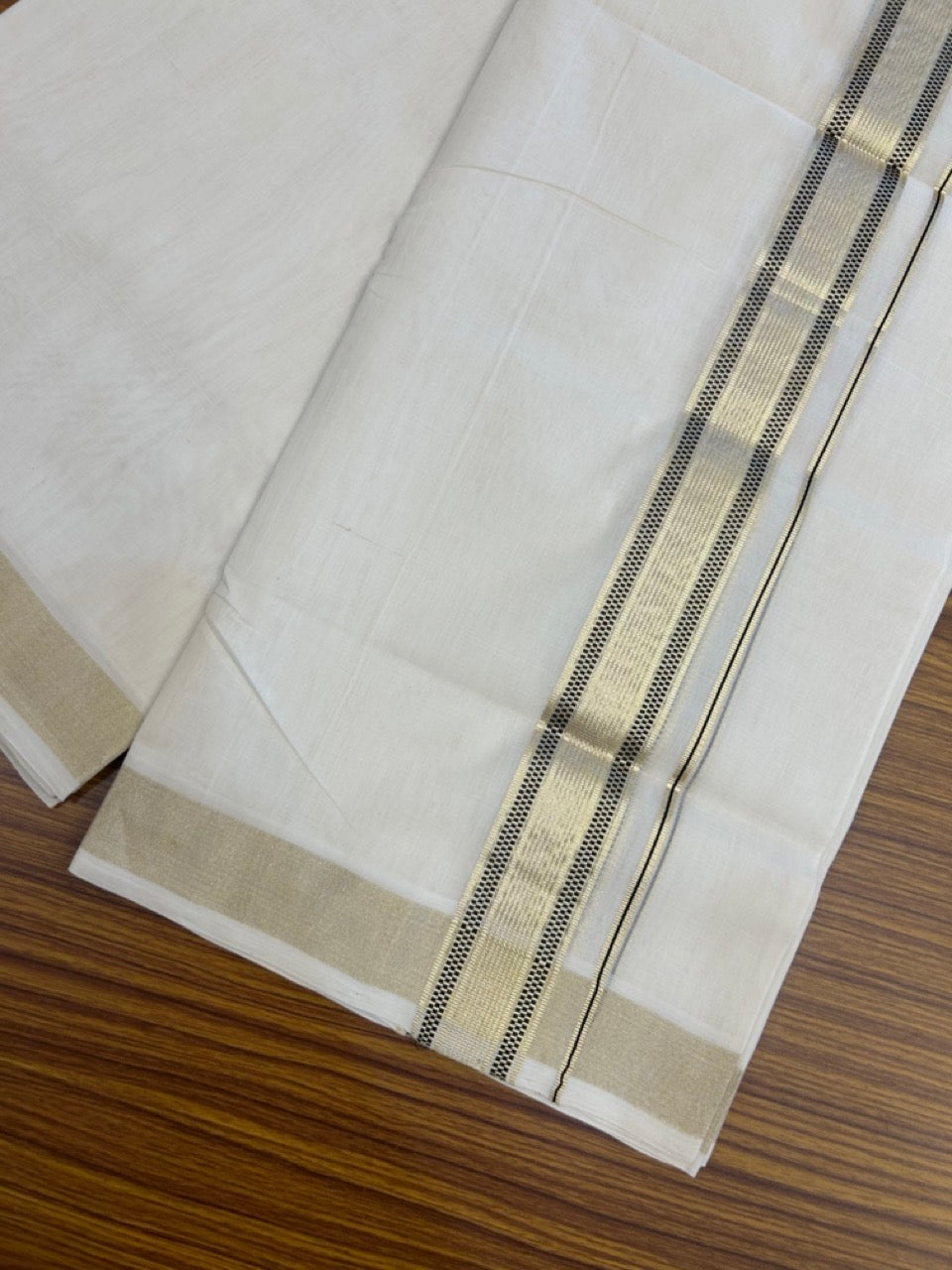 25% Discount!! KaithariKada Handloom Unakkupaav Balaramapuram - 100% Pure Cotton Off White Double - (Unbleached) Mundu/Dothi -80x90 - 1.75 Inch Light Gold Kasav & Black Jacquard Stripes kara 4mtr (8.5 muzham) - 14 KK5267 ABH